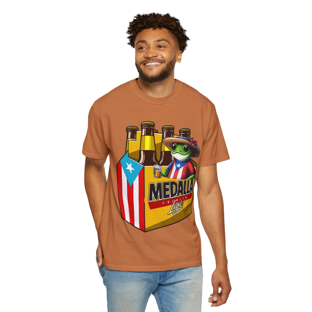 Medalla Light Puerto Rican Beer T-Shirt Coqui Frog Mascot Six-Pack Graphic Tee Puerto Rico’s Navidades