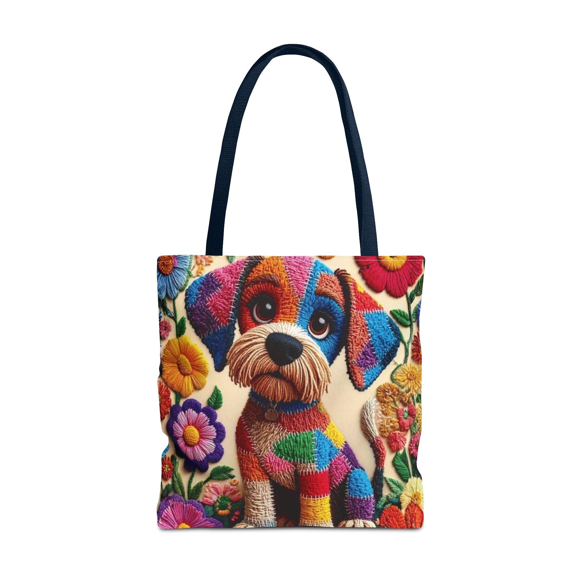 Colorful Patchwork Puppy Tote Bag — Cute Dog Floral AOP Shopper Crochet-Decorated Tote Bags