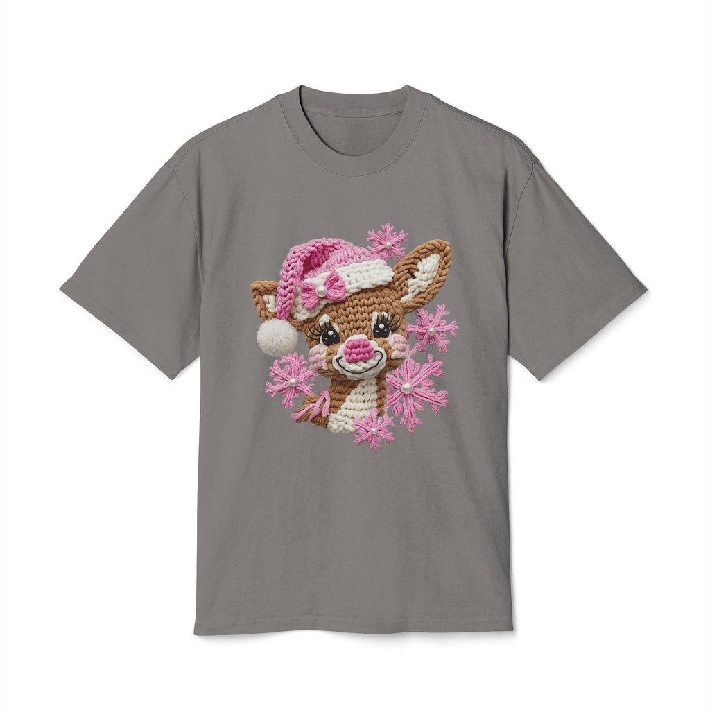 Cute Reindeer Tee — Pink Santa Hat & Snowflakes Holiday T-Shirt  cartoon-style Christmas artwork