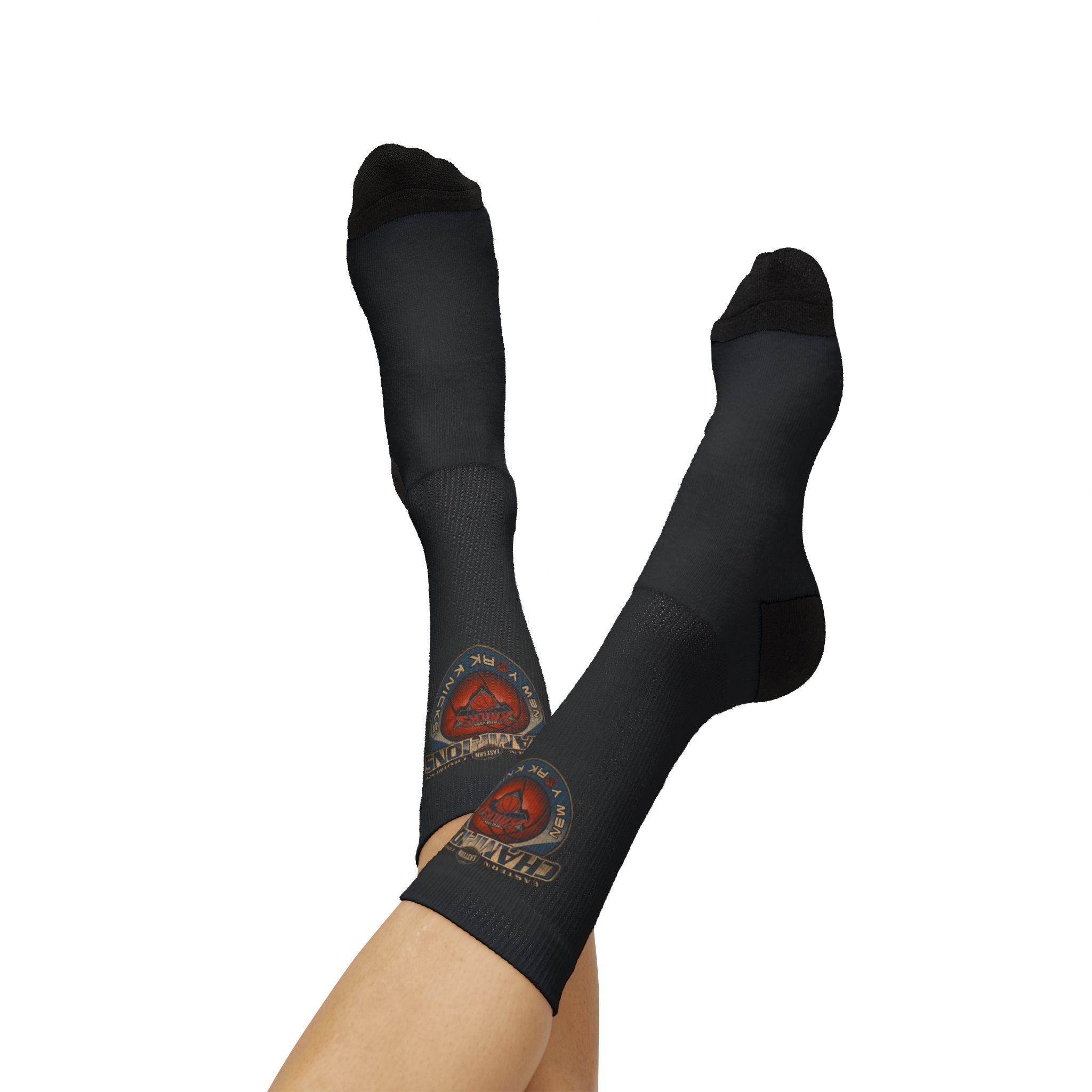 NY*K Basketball Black Sublimation Crew Socks with Vintage Motorcycle Badge Design
