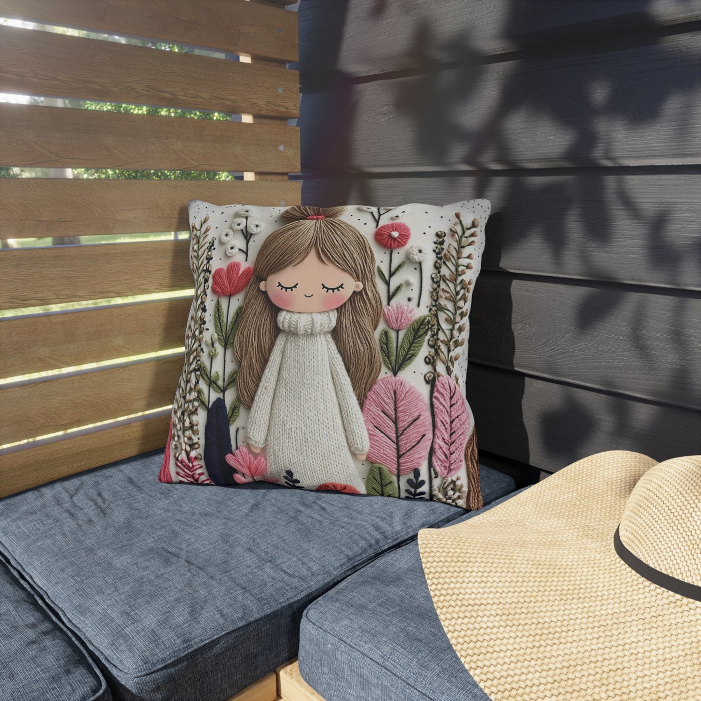 Cute Girl Floral Outdoor Pillow — Whimsical Garden Accent Cushion