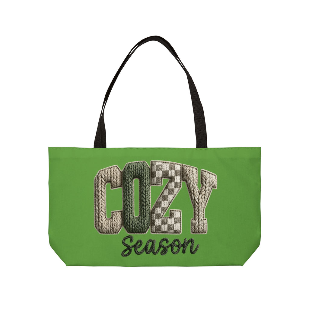 Cozy Season Weekender Tote Bag  Green Knit Lettering Travel & Weekend Carryall