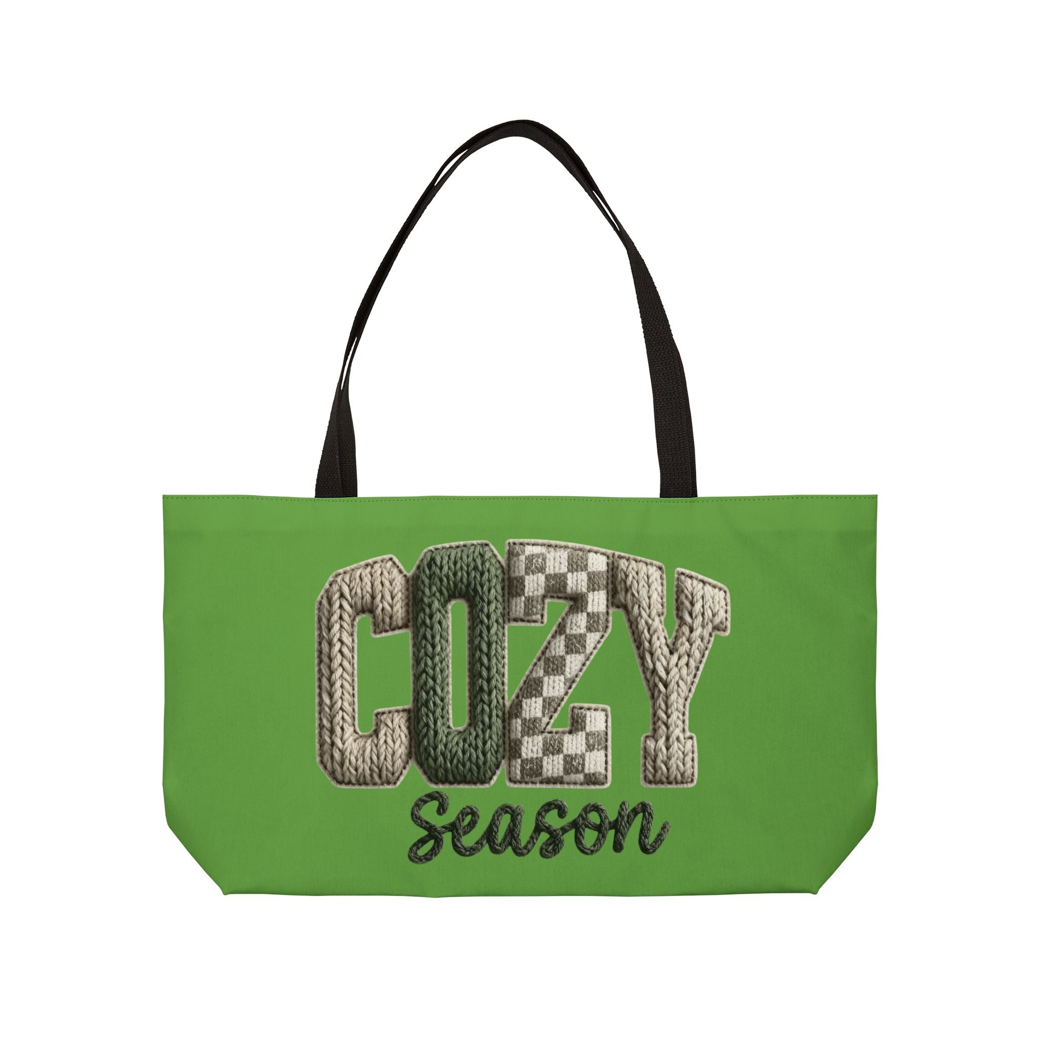 Cozy Season Weekender Tote Bag  Green Knit Lettering Travel & Weekend Carryall