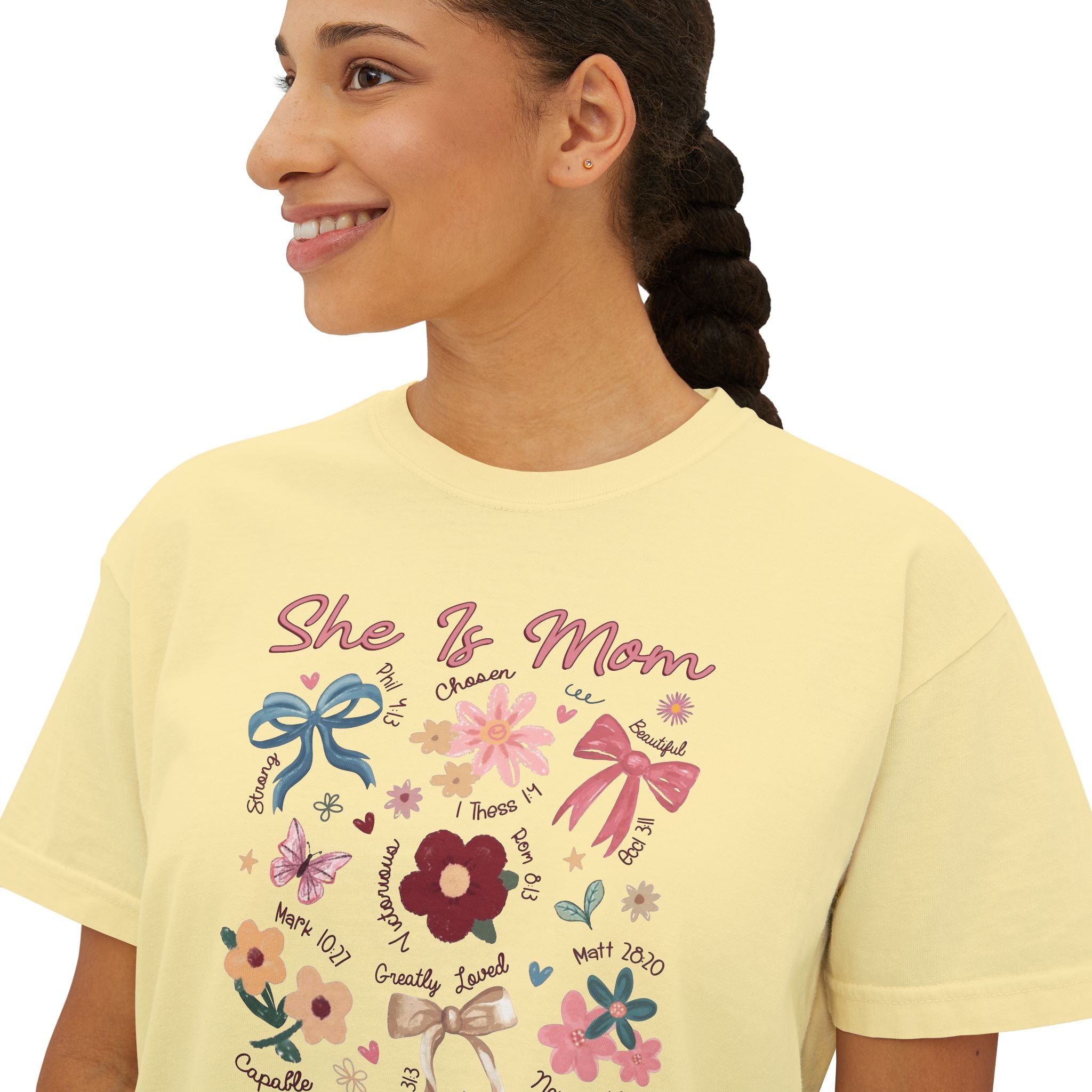 She Is Mom Floral Boxy Tee  Cute Mother’s Day Floral Graphic Shirt