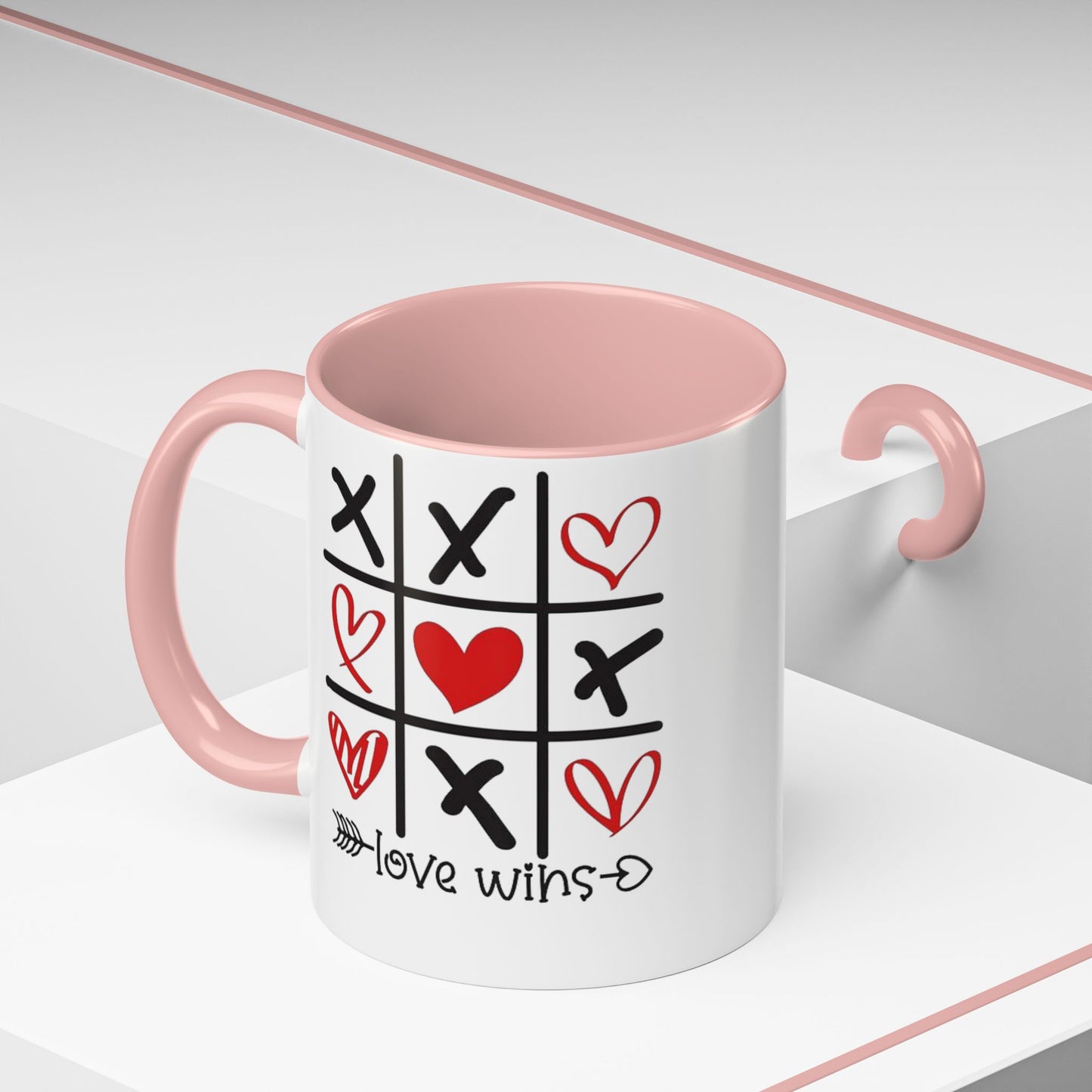 Love Wins Tic-Tac-Toe Heart Accent Coffee Mug — Romantic Valentine 11/15oz