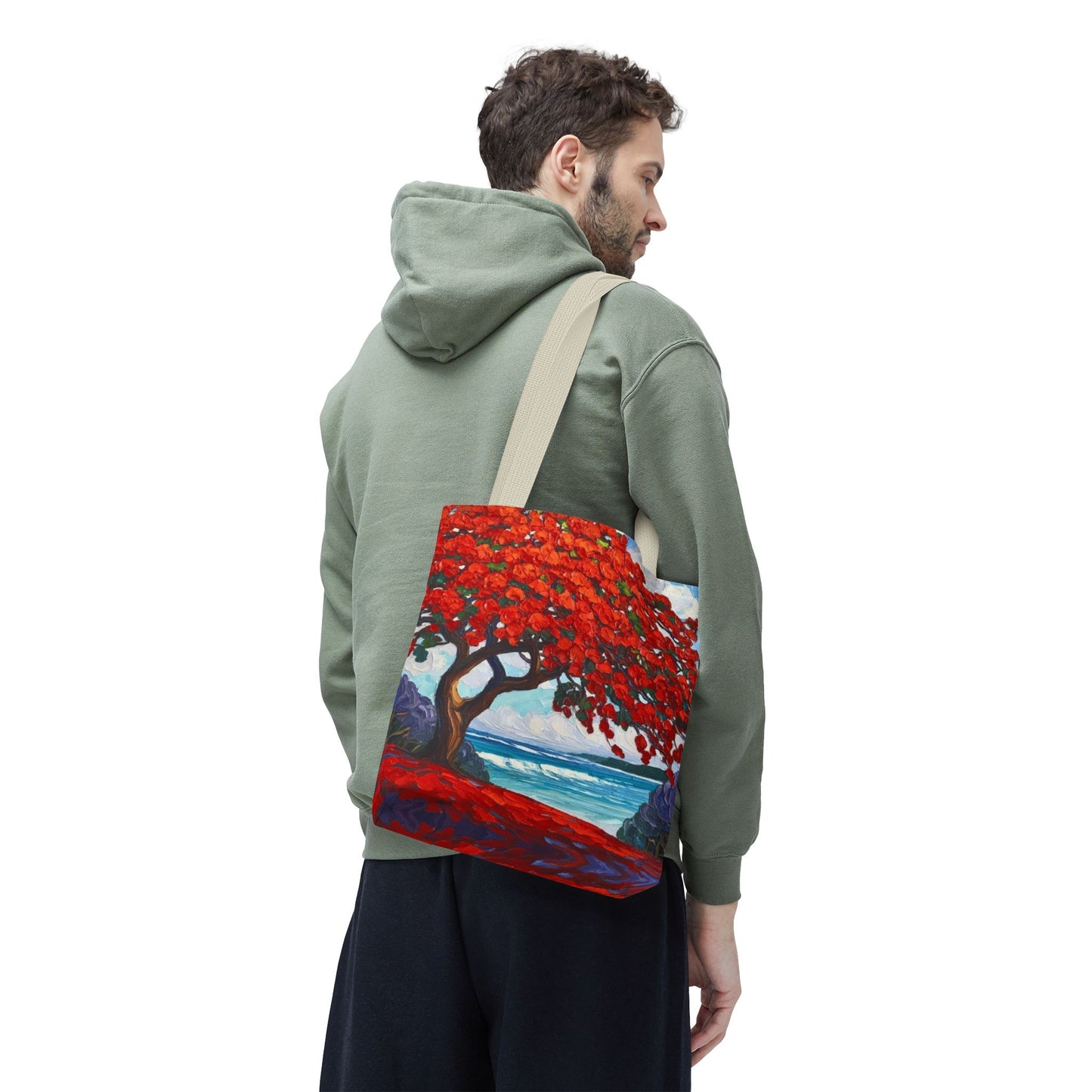 Red Blossom Beach Tote - Tropical Tree Art All-Over Print Tote Bag Crochet-Decorated Tote Bags