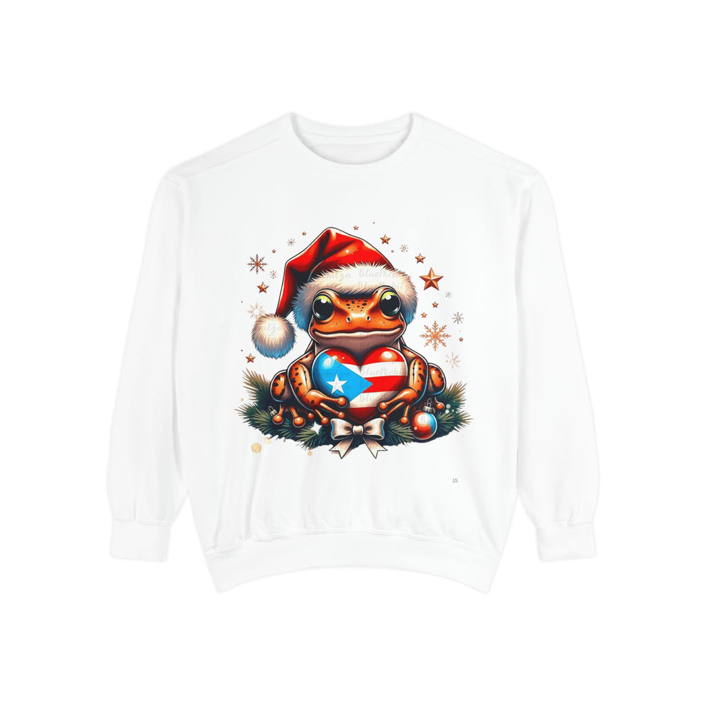 Christmas Coqui Sweatshirt — Cute Santa Frog Holding Ornament Holiday Sweater