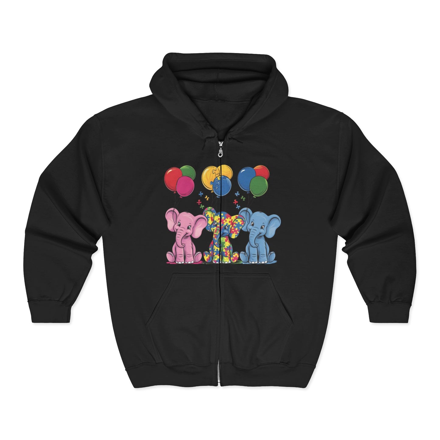 Elephant Balloon Party Hoodie - Fun Unisex Zip Sweatshirt Autism Awareness & Pride Collection.