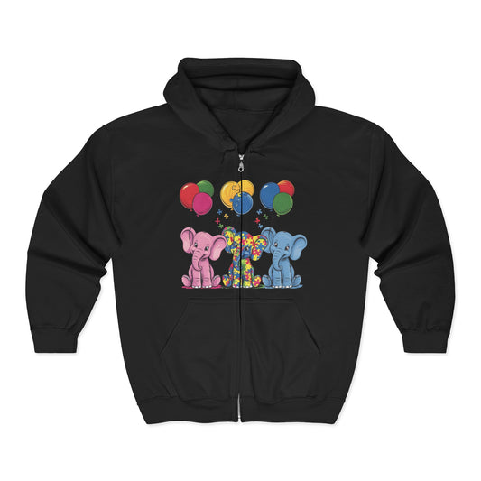 Elephant Balloon Party Hoodie - Fun Unisex Zip Sweatshirt Autism Awareness & Pride Collection.