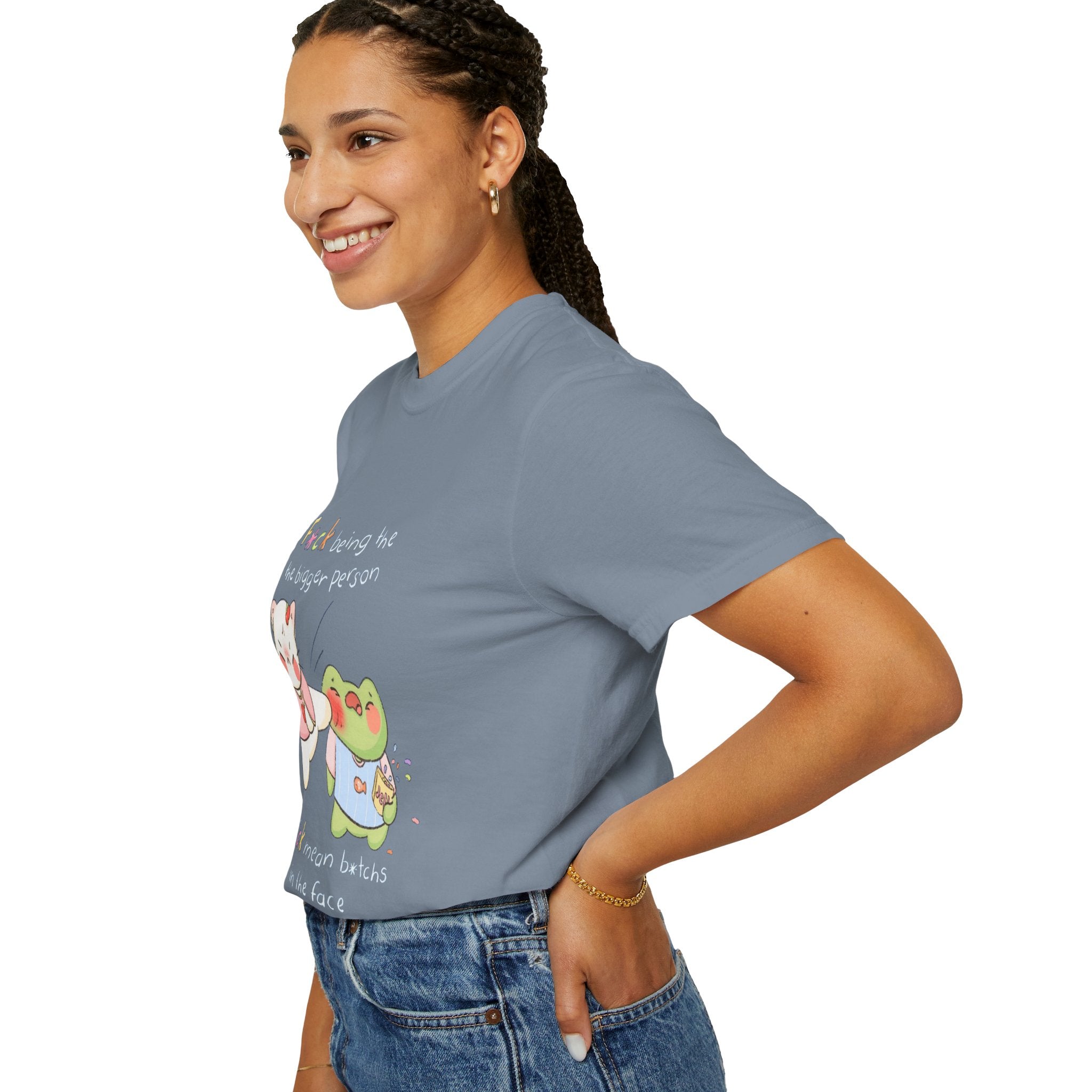 Graphic T-Shirt  Cute Kicking Cat & Frog with 'F*ck Being The Bigger Person' Slogan