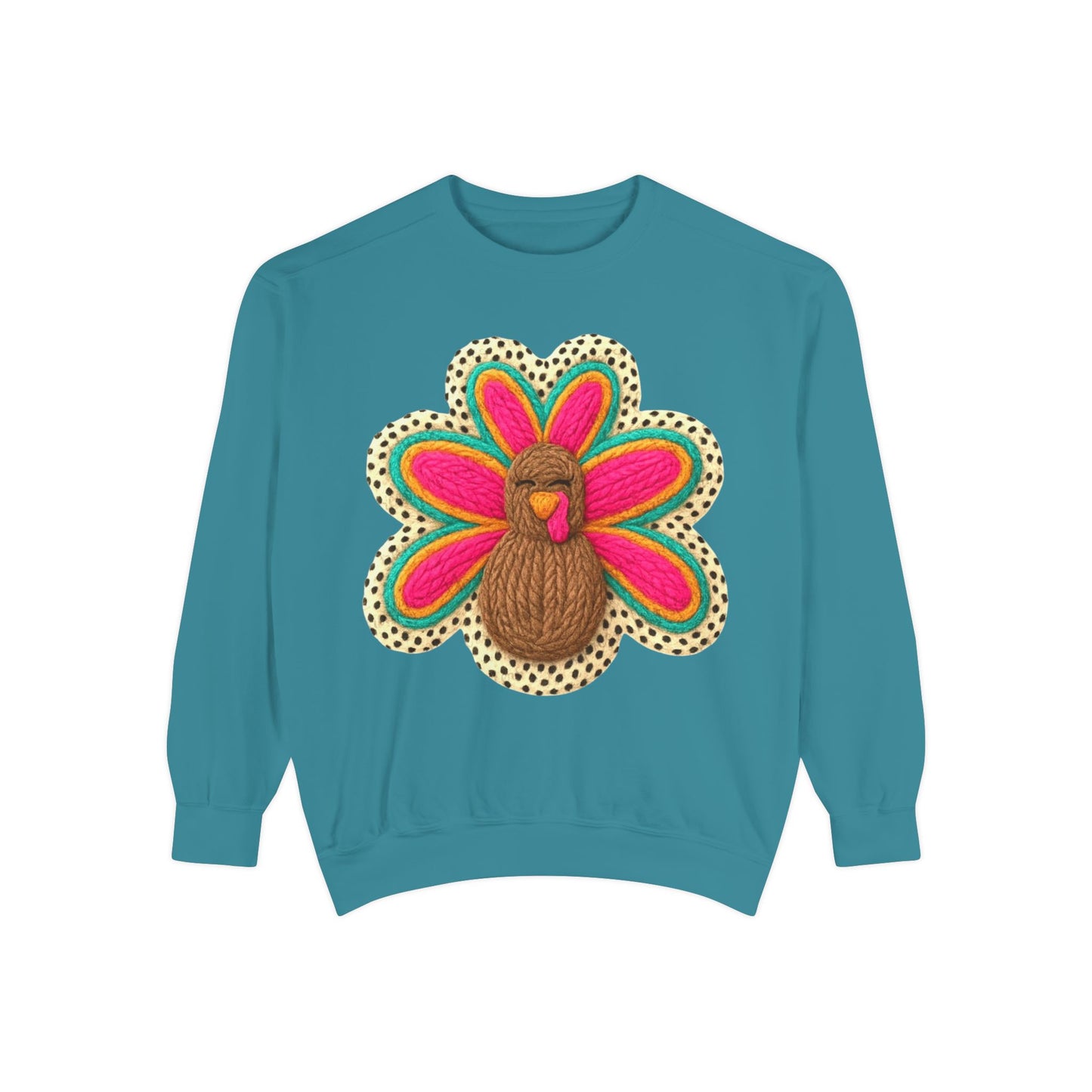 Festive Holiday Designs Turkey Patch Sweatshirt — Colorful Embroidered Thanksgiving Pullover