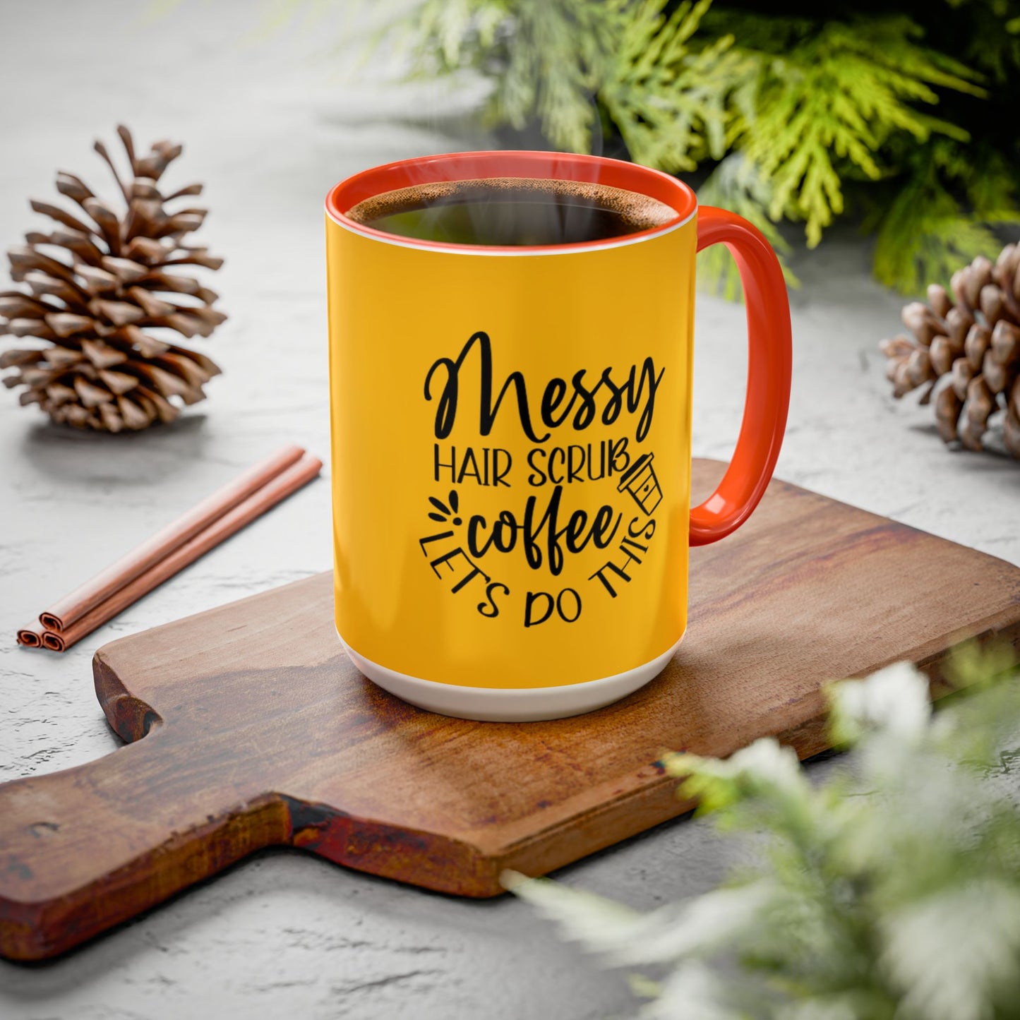 Holiday Coffee Cups with Festive Quotes & Designs Messy Hair Coffee Mug - Fun Yellow Ceramic Cup for Coffee Lovers