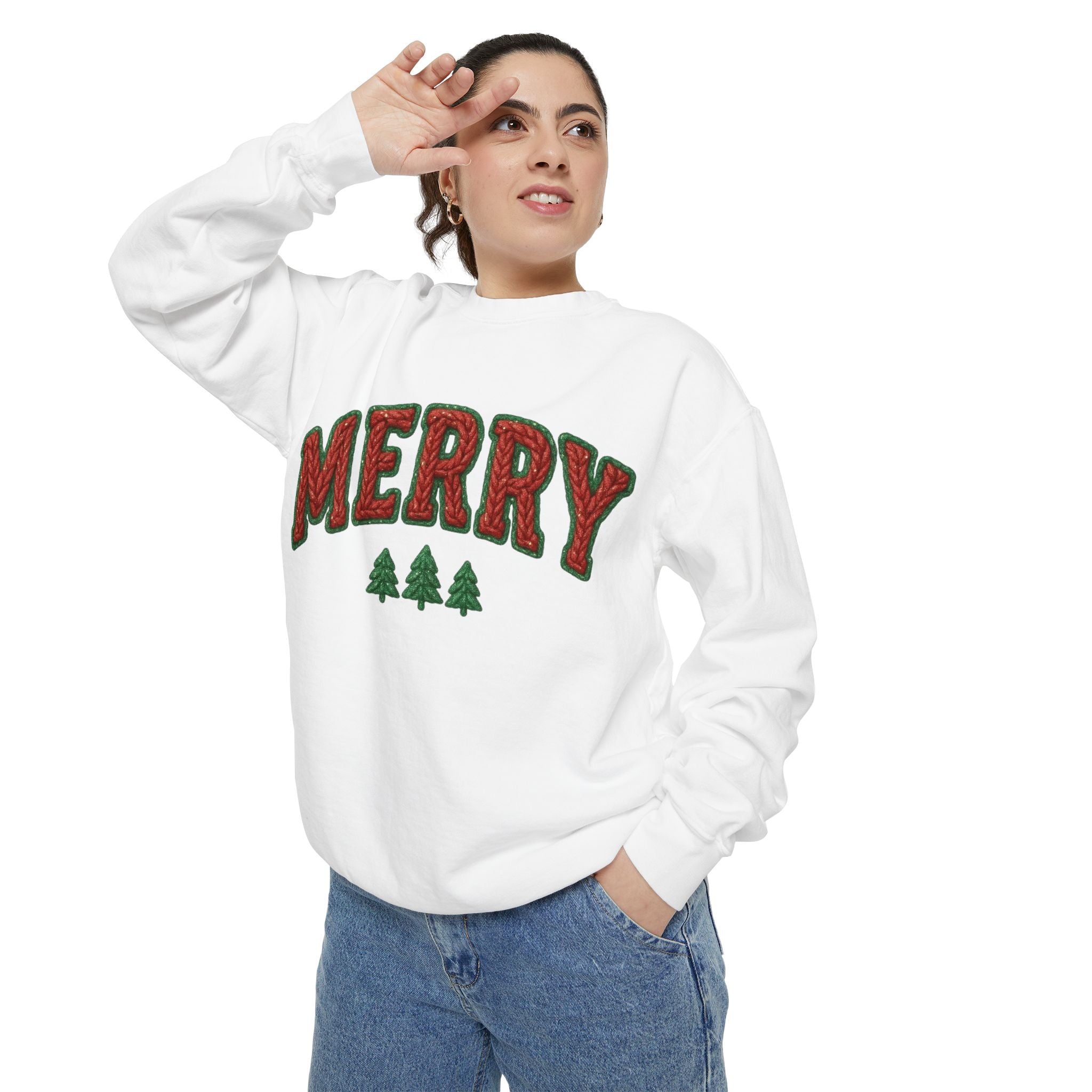 Merry Holiday Sweatshirt — Cozy Christmas Pullover with Tree Graphics Festive Holiday Designs