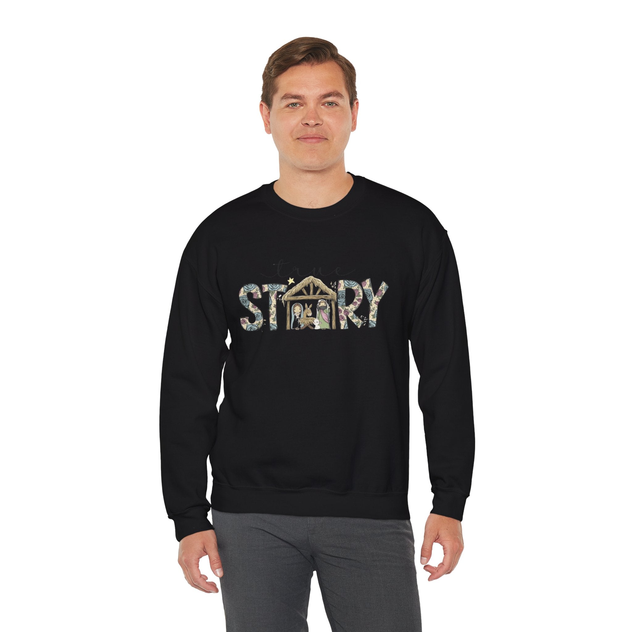 Crewneck Sweatshirt "Come Story" Floral Nativity Design  Cozy Christmas Pullover unique festive designs and joyful