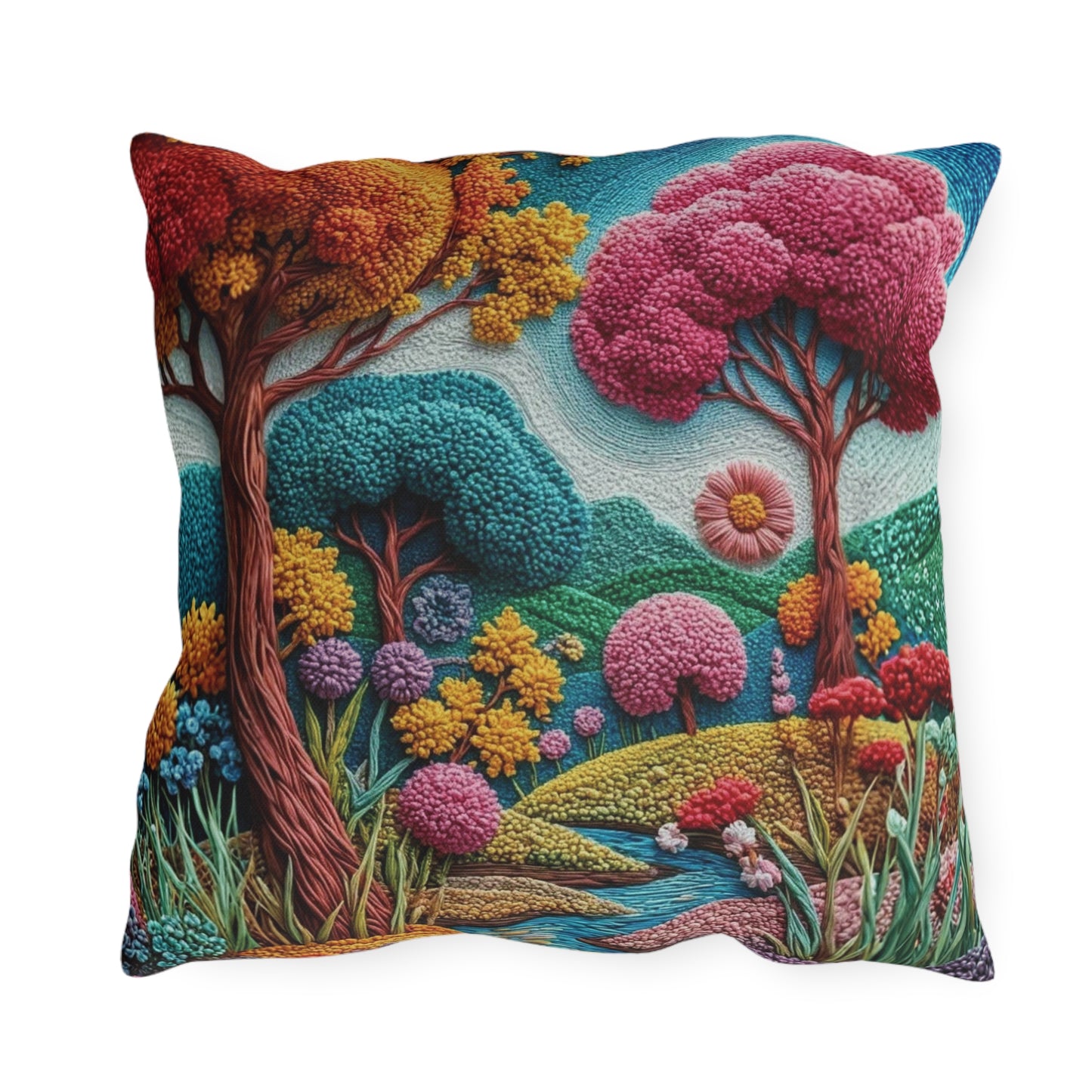 Outdoor Pillow — Colorful Whimsical Garden Landscape Throw Pillow