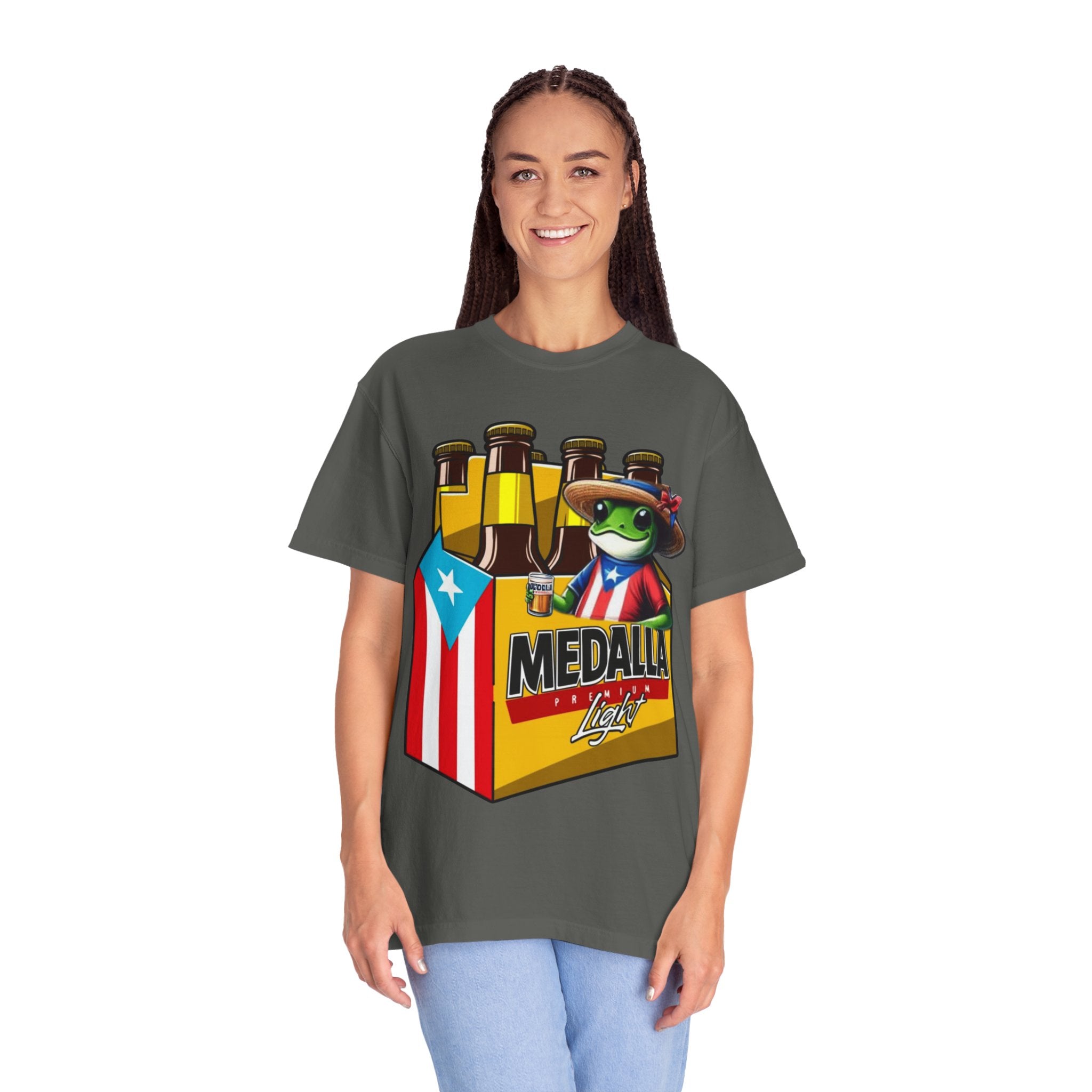 Medalla Light Puerto Rican Beer T-Shirt Coqui Frog Mascot Six-Pack Graphic Tee Puerto Rico’s Navidades