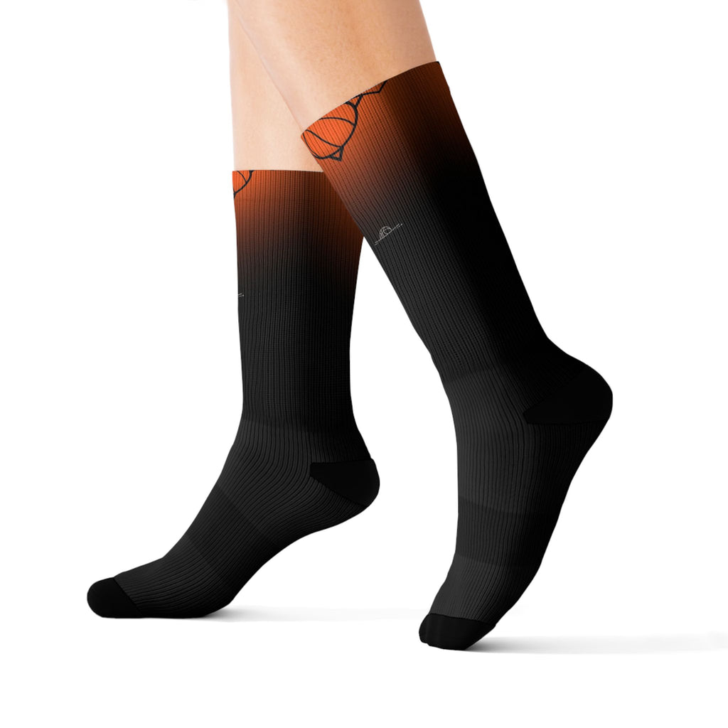 Basketball-Inspired Pattern Crew Socks — Retro Sports Sublimation Socks — Orange Gradient Crew Socks for Fans