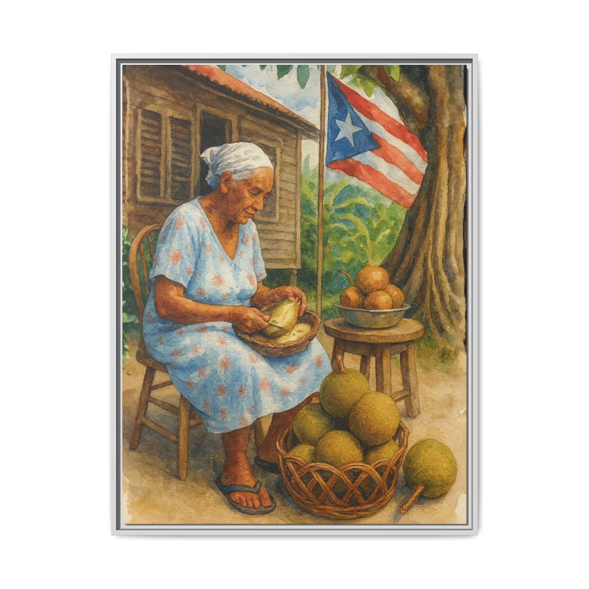 Cultural & Story-Driven These Puerto Rico inspired  Framed Matte Canvas Print  Woman Shelling Fruit Vintage Tropical Painting