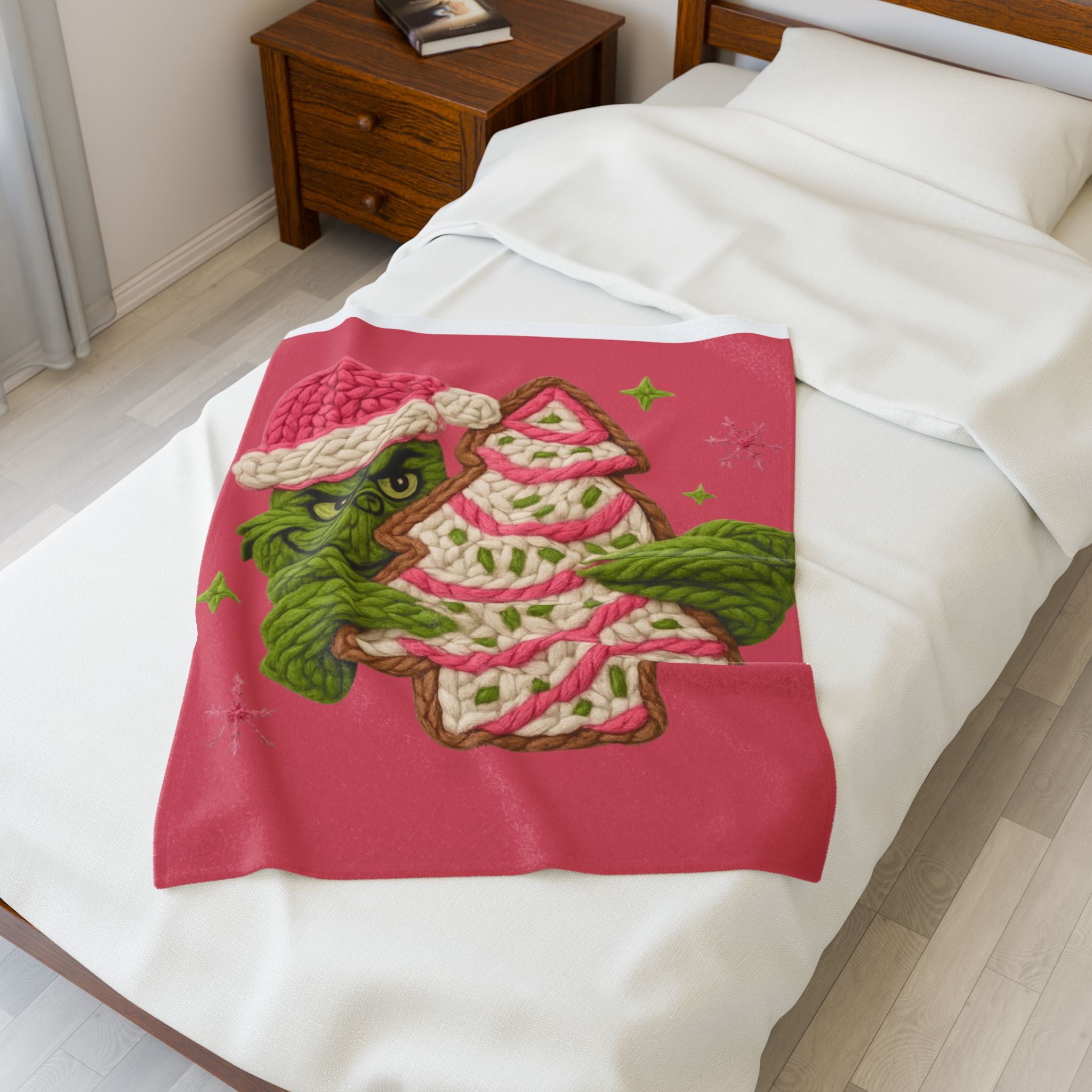 Grinch Holiday Plush Blanket – Cozy Velveteen Christmas Throw with Knitted Tree Design