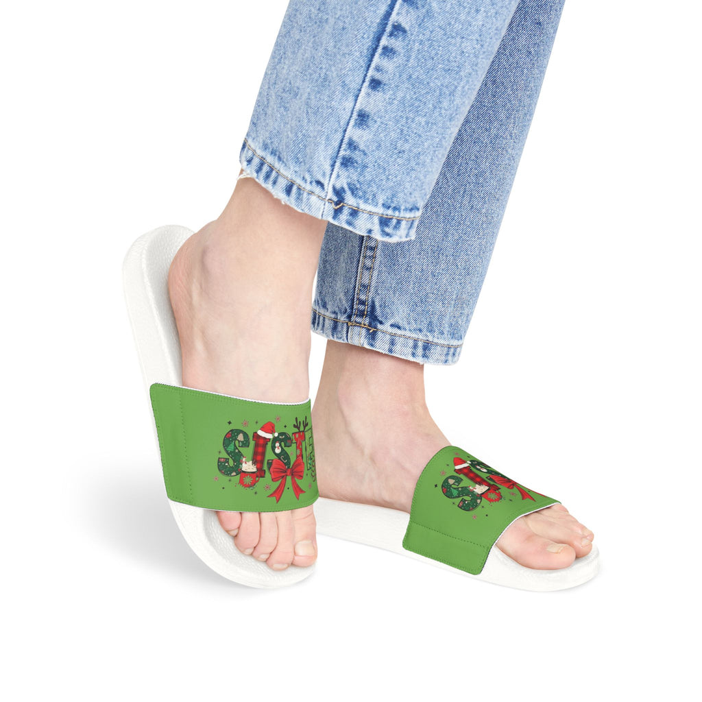 Sister Women's Holiday Slide Sandals — Green 'Joy' Gift Bow Design