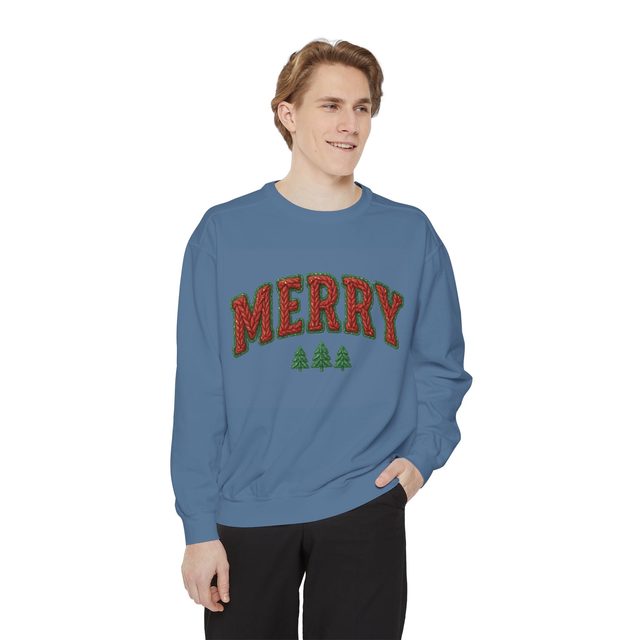 Merry Holiday Sweatshirt — Cozy Christmas Pullover with Tree Graphics Festive Holiday Designs