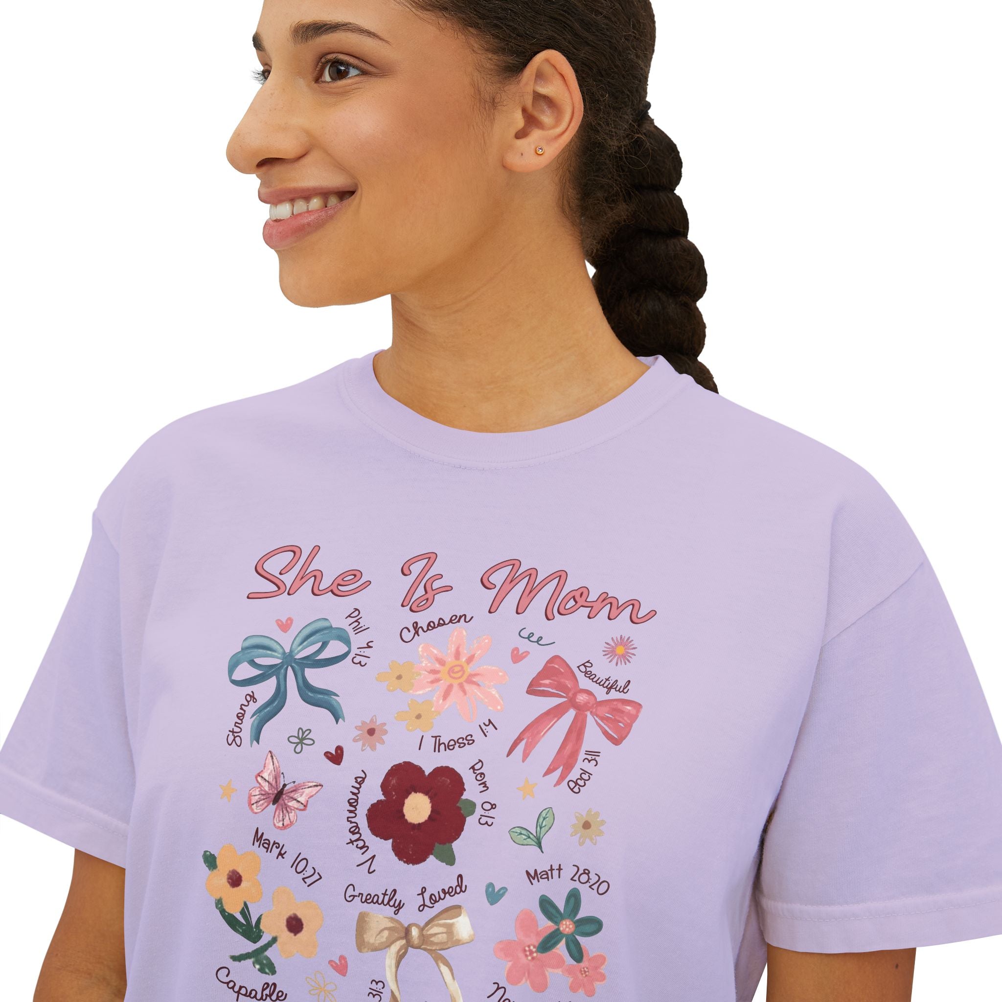 She Is Mom Floral Boxy Tee  Cute Mother’s Day Floral Graphic Shirt