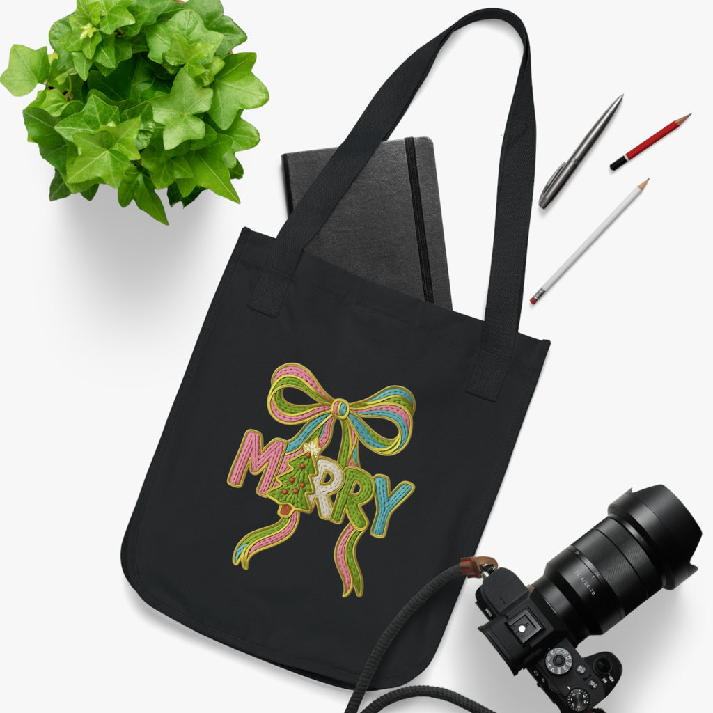 Tote Bag 'Merry' Ribbon Christmas Canvas Tote Organic Holiday Market Bag Christmas gift tote