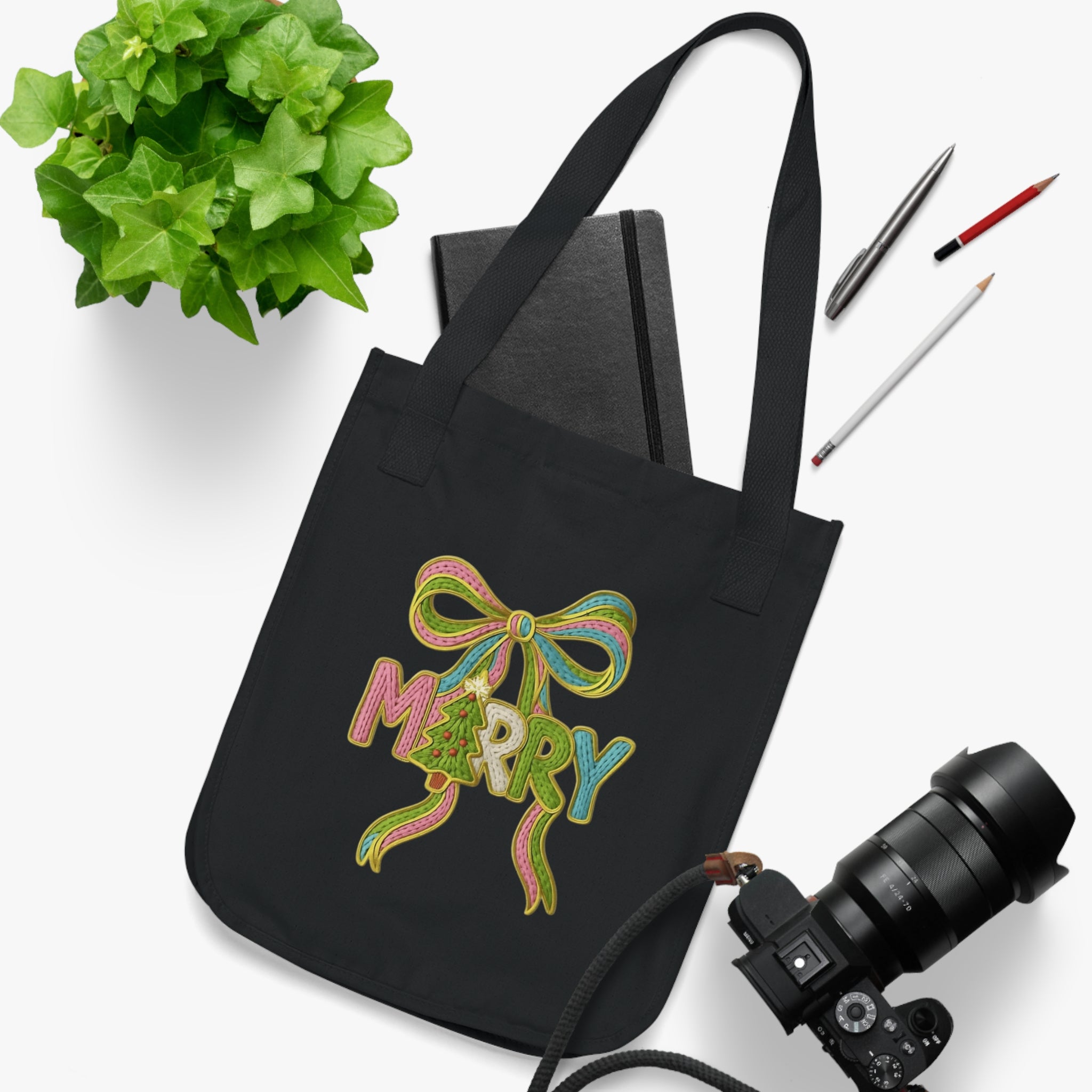 Tote Bag 'Merry' Ribbon Christmas Canvas Tote Organic Holiday Market Bag Christmas gift tote