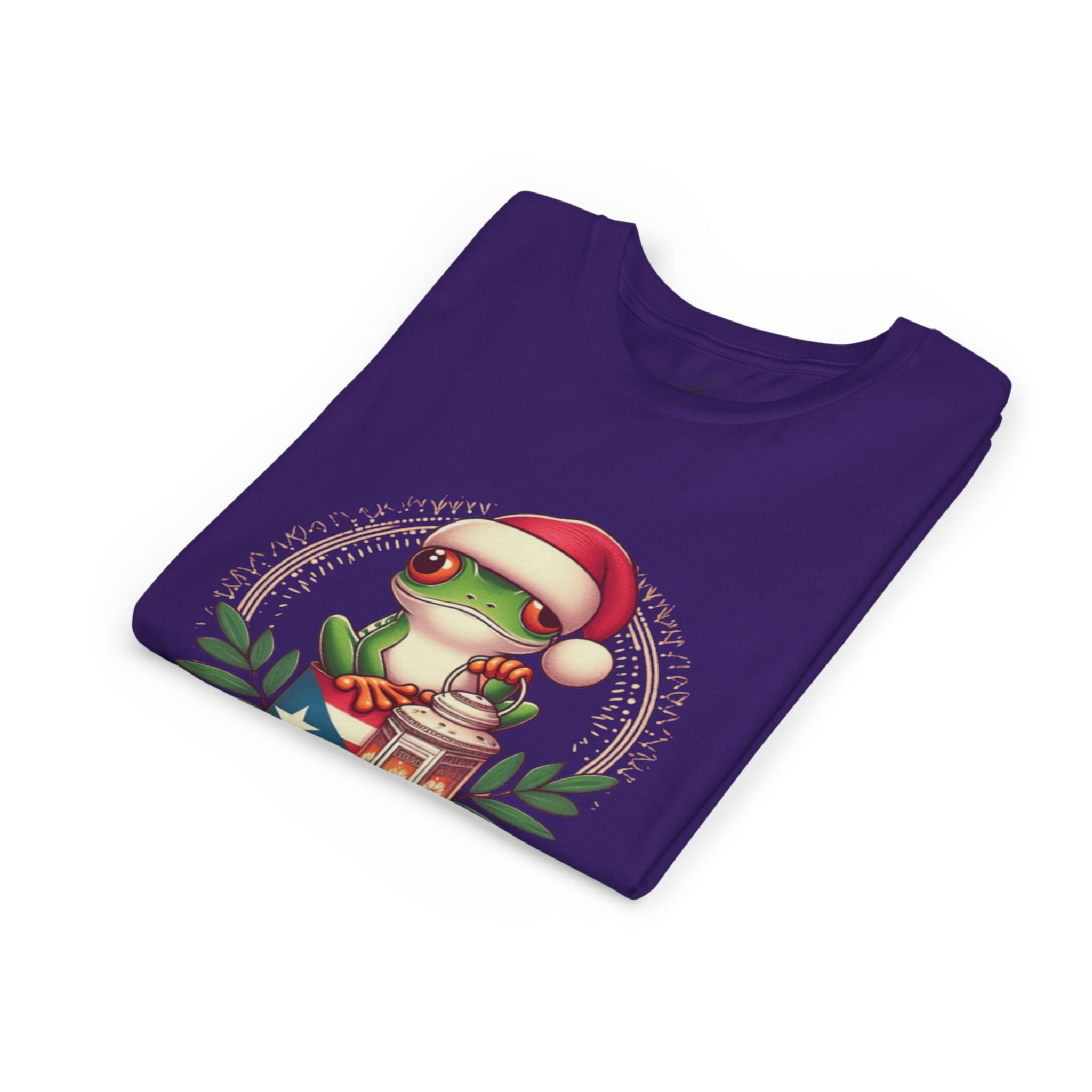Kids Tee Cute Frog with Puerto Rican Flag & Lantern (Feliz Navidad)