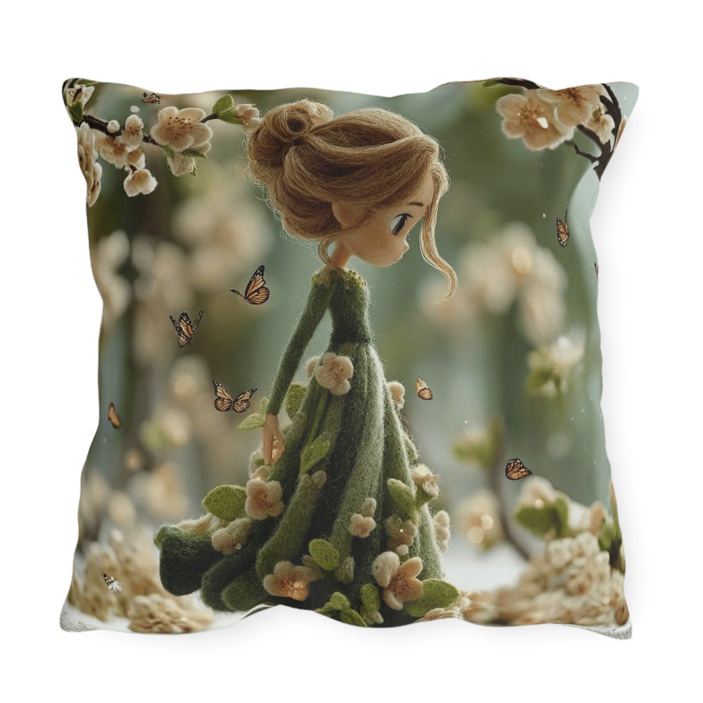 Spring Fairy Outdoor Pillow — Whimsical Girl with Butterflies Garden Decor