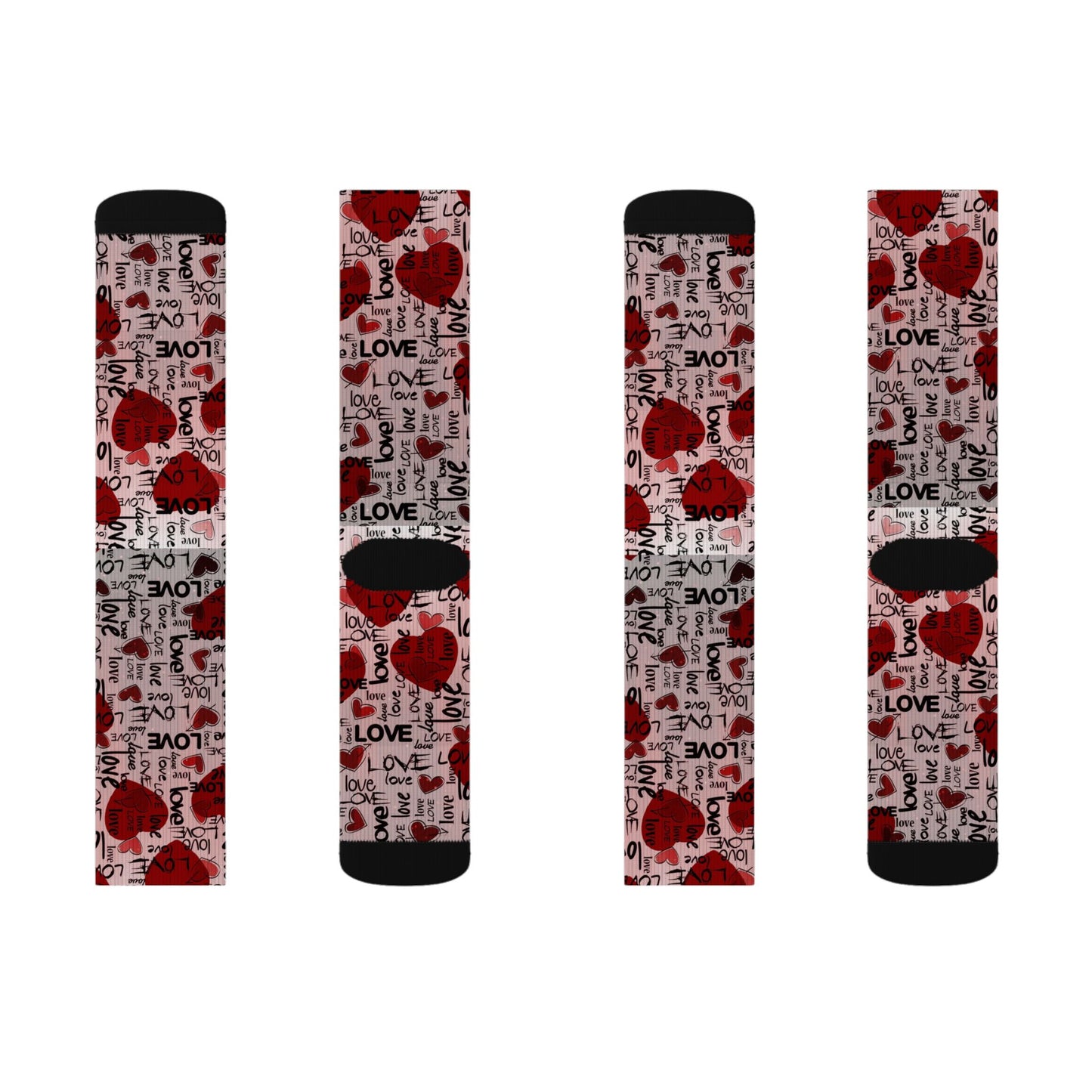 Valentine Heart Sublimation Socks – I Love You Pattern, Red Rose & Script Crew Socks