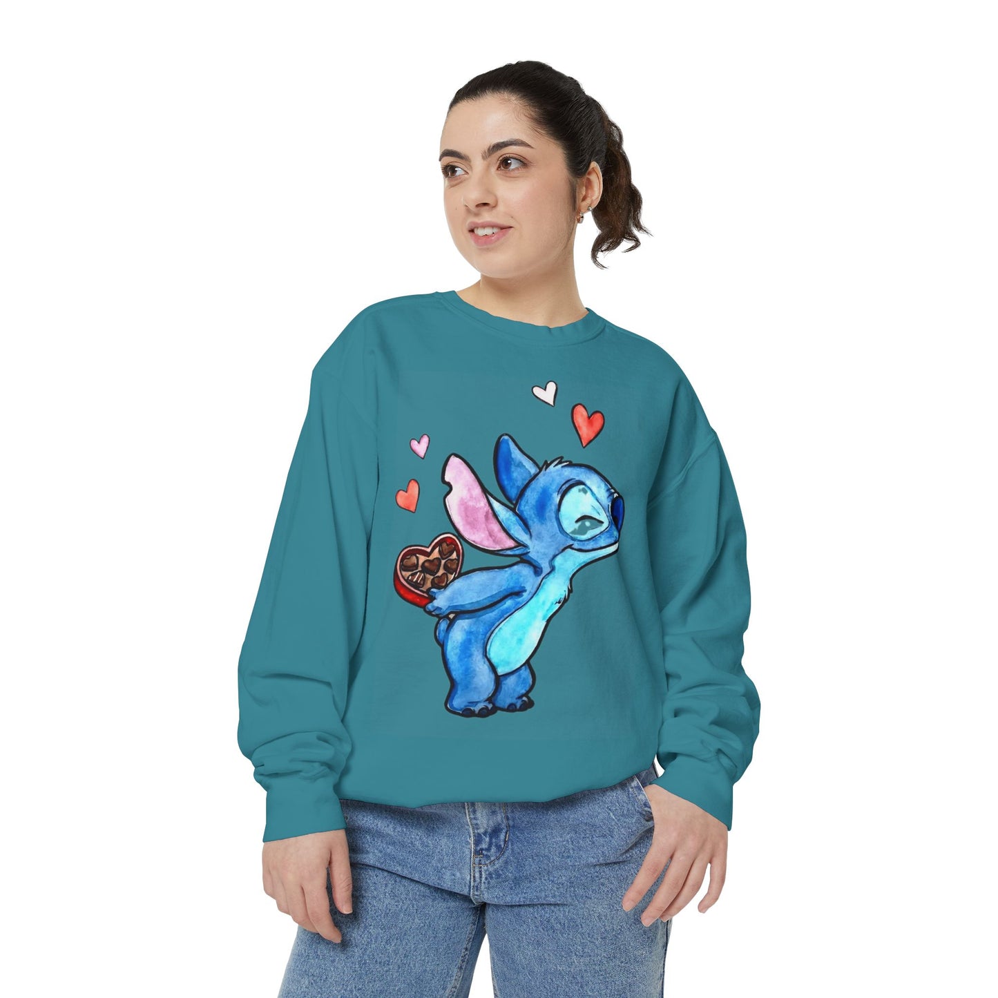 Stitch Valentine Sweatshirt — Cute Blue Alien with Hearts & Chocolate Pocket