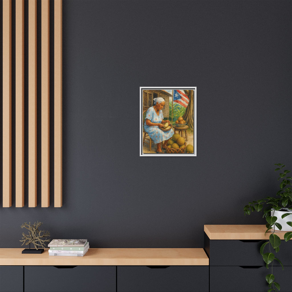 Cultural & Story-Driven These Puerto Rico inspired  Framed Matte Canvas Print  Woman Shelling Fruit Vintage Tropical Painting