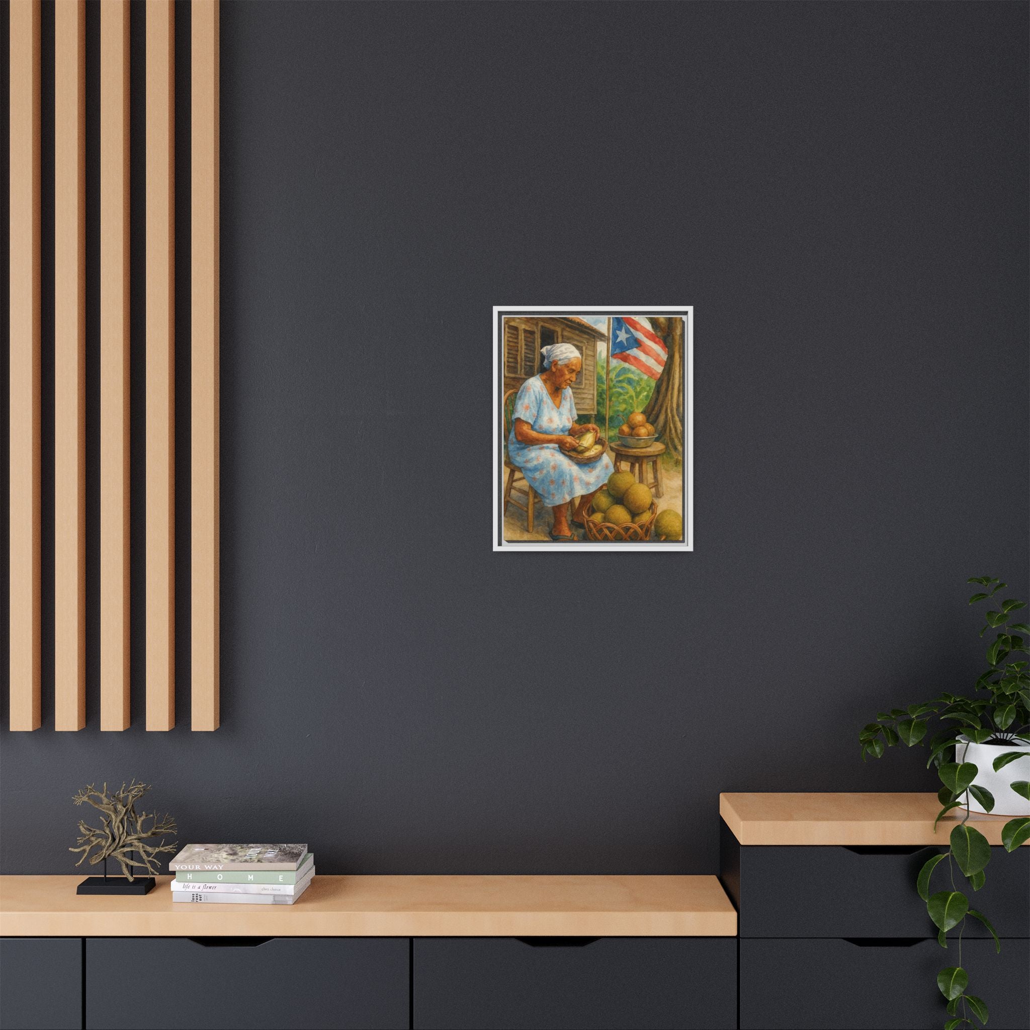 Cultural & Story-Driven These Puerto Rico inspired  Framed Matte Canvas Print  Woman Shelling Fruit Vintage Tropical Painting