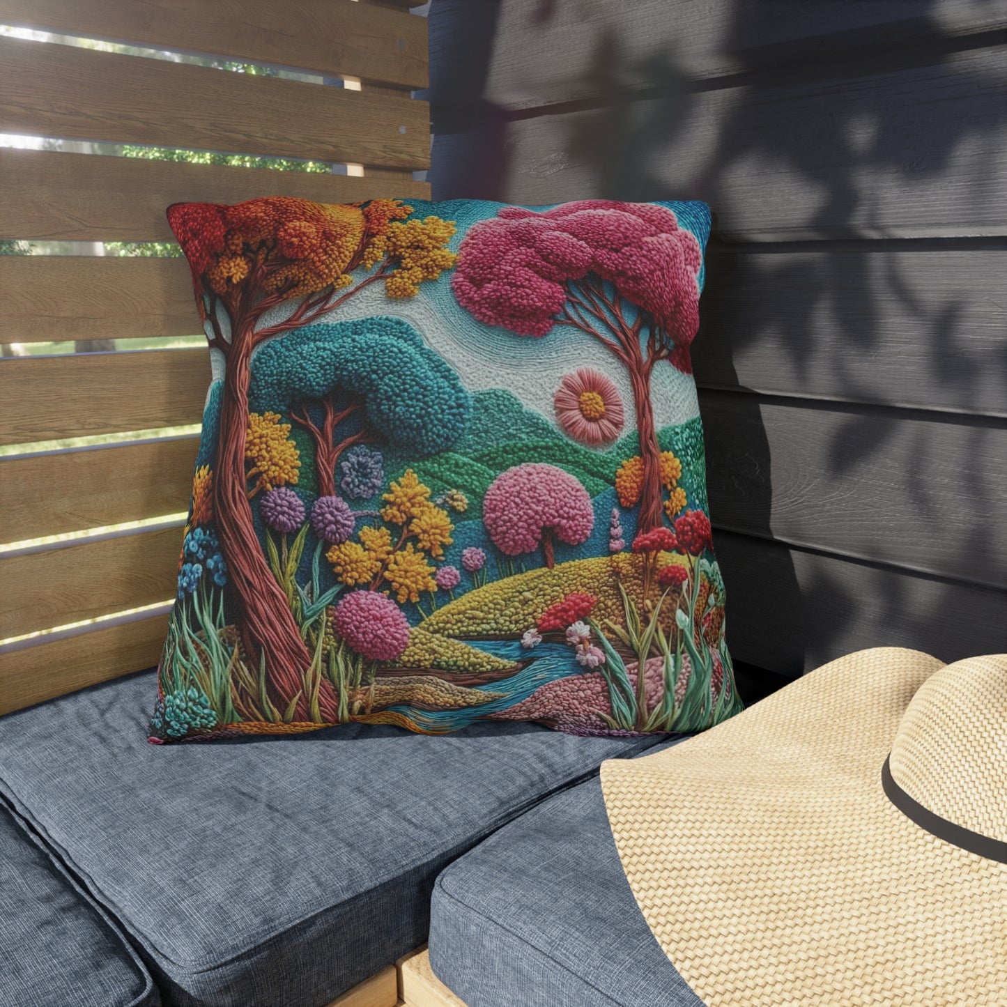 Outdoor Pillow — Colorful Whimsical Garden Landscape Throw Pillow