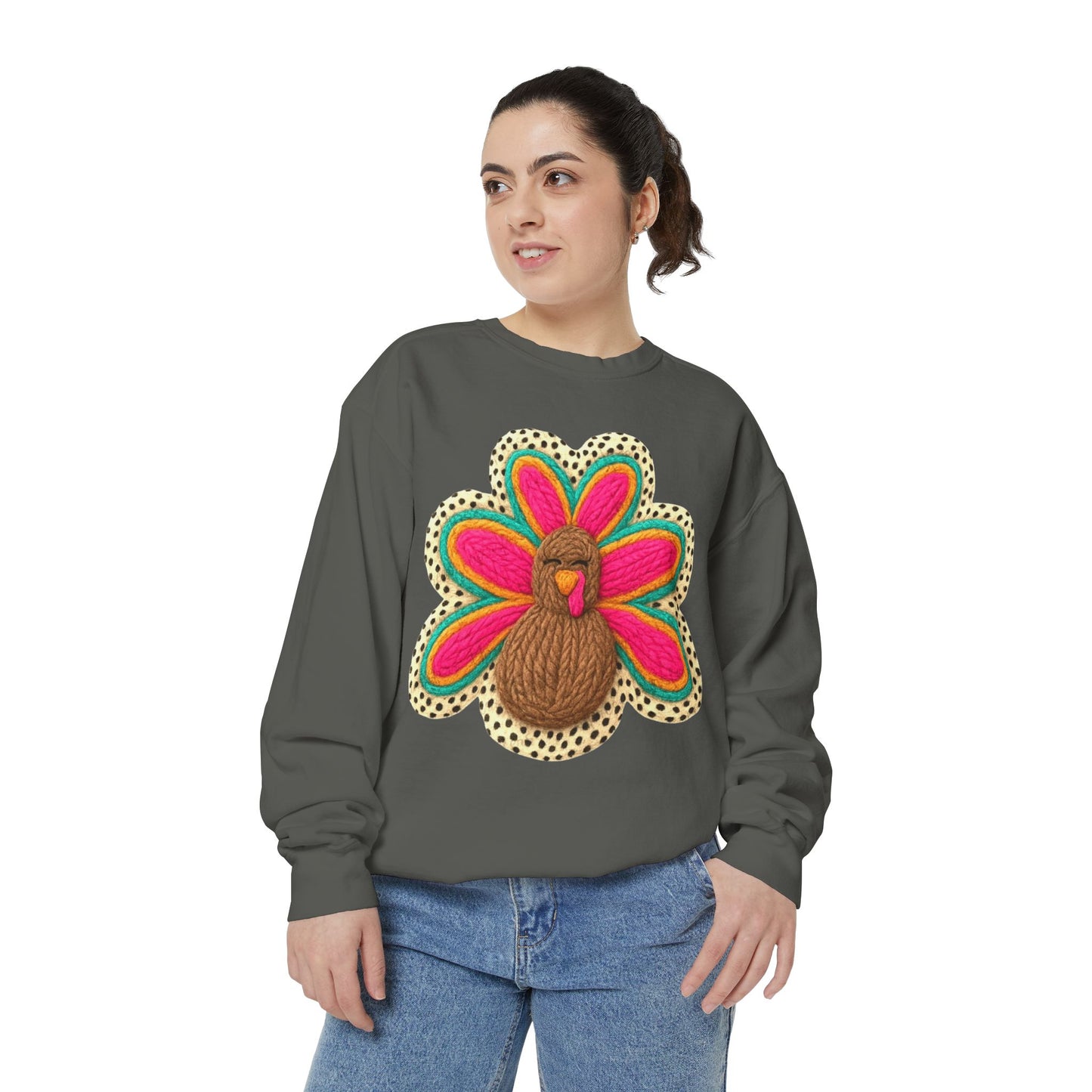 Festive Holiday Designs Turkey Patch Sweatshirt — Colorful Embroidered Thanksgiving Pullover