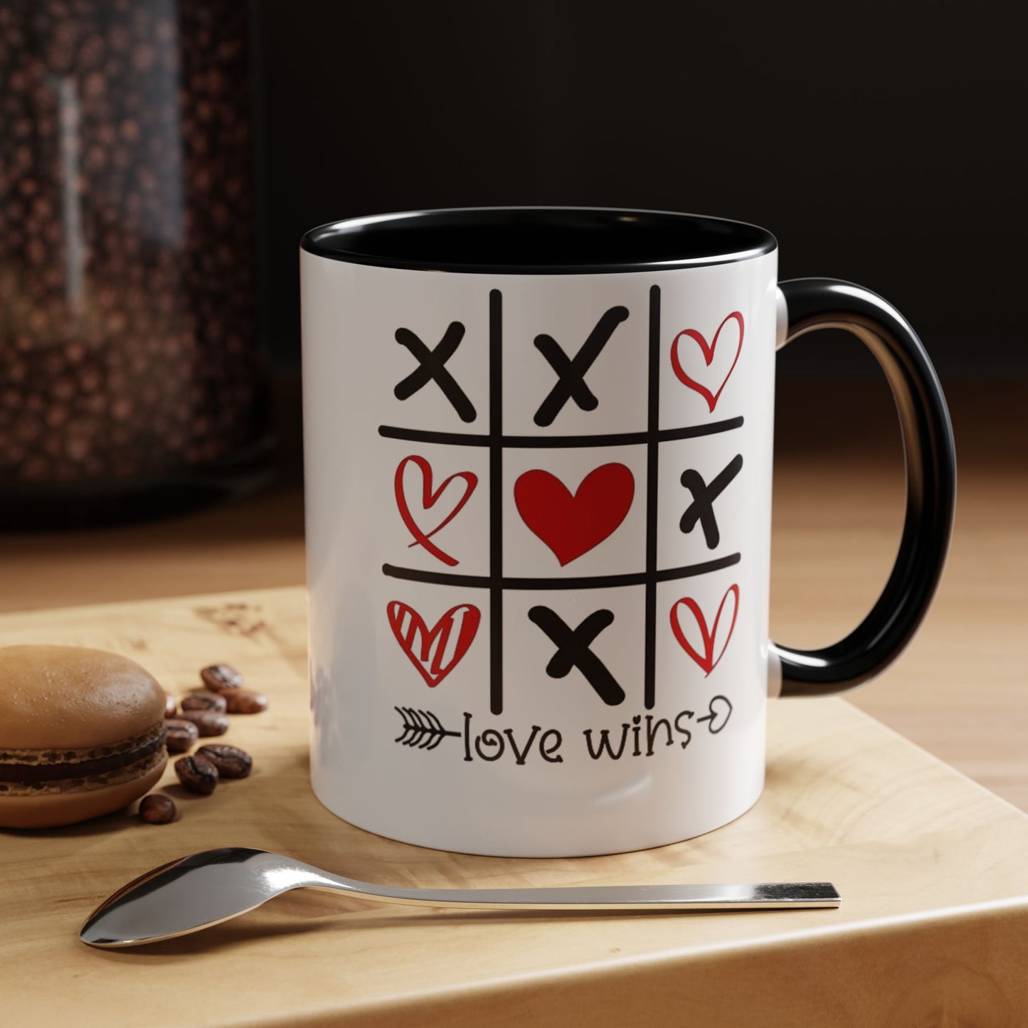 Love Wins Tic-Tac-Toe Heart Accent Coffee Mug — Romantic Valentine 11/15oz