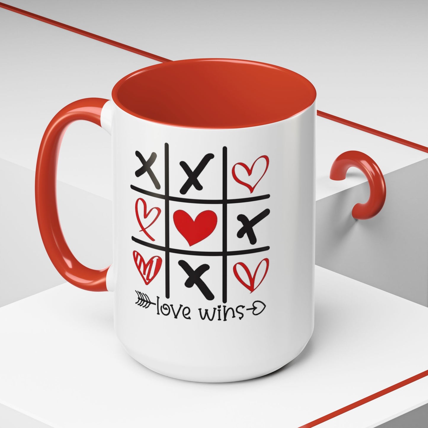 Love Wins Tic-Tac-Toe Heart Accent Coffee Mug — Romantic Valentine 11/15oz