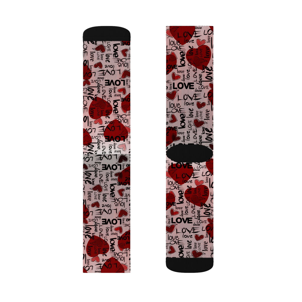 Valentine Heart Sublimation Socks – I Love You Pattern, Red Rose & Script Crew Socks