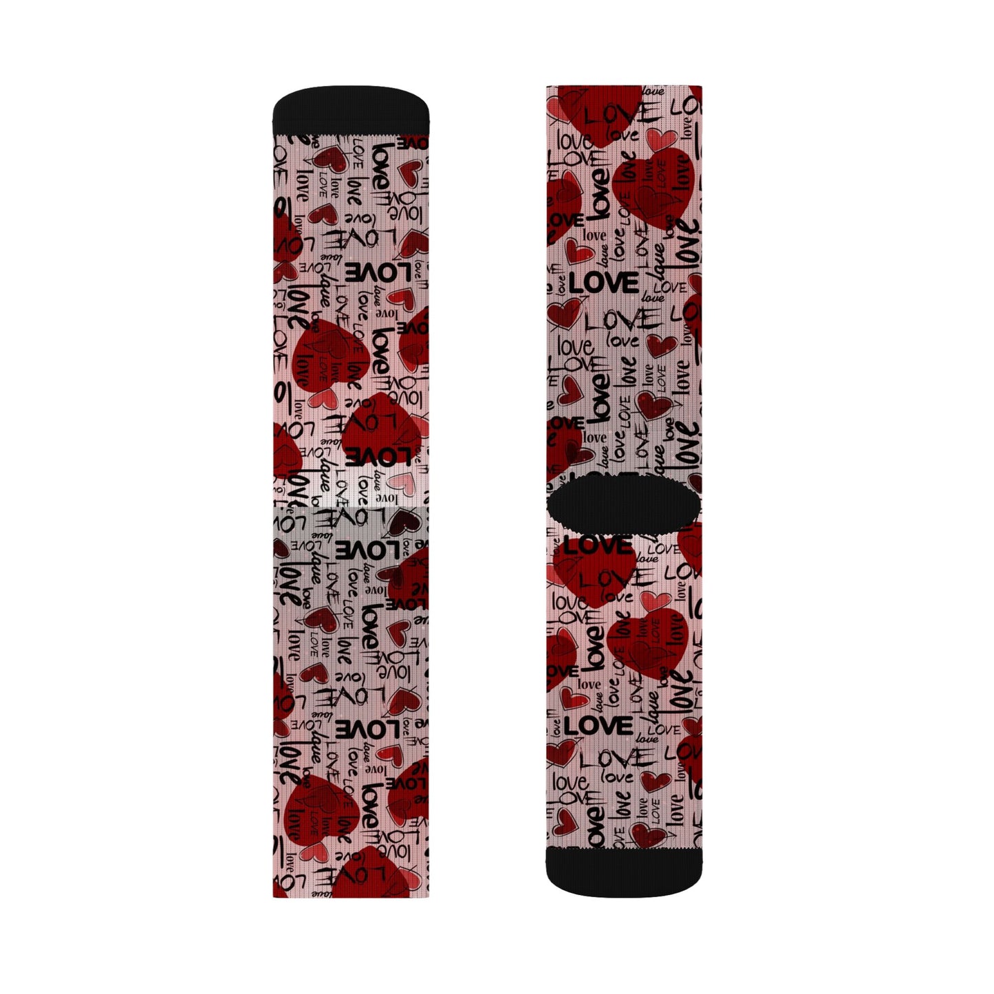 Valentine Heart Sublimation Socks – I Love You Pattern, Red Rose & Script Crew Socks