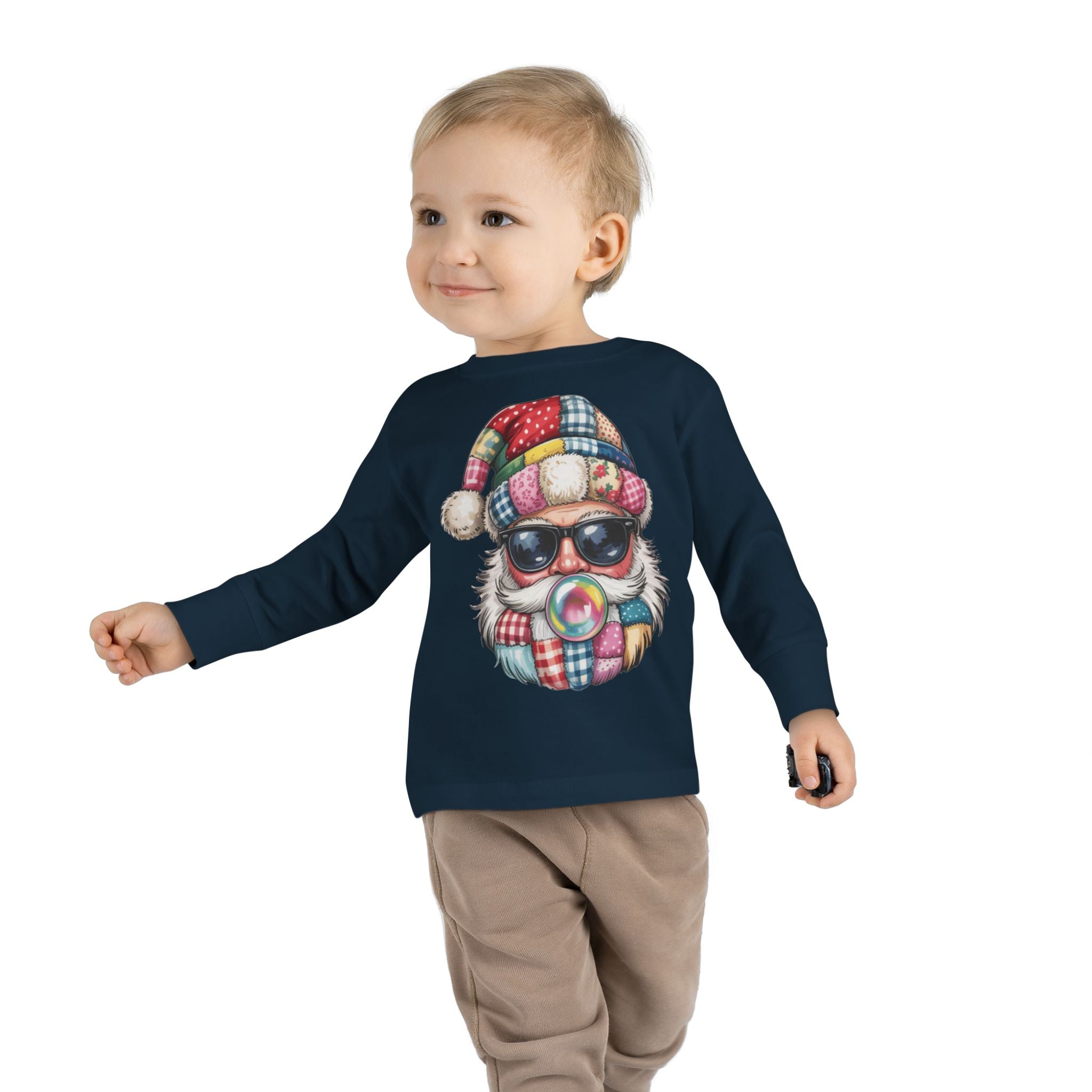 Toddler Long Sleeve Tee  Cool Santa with Patchwork Hat & Bubblegum Graphic