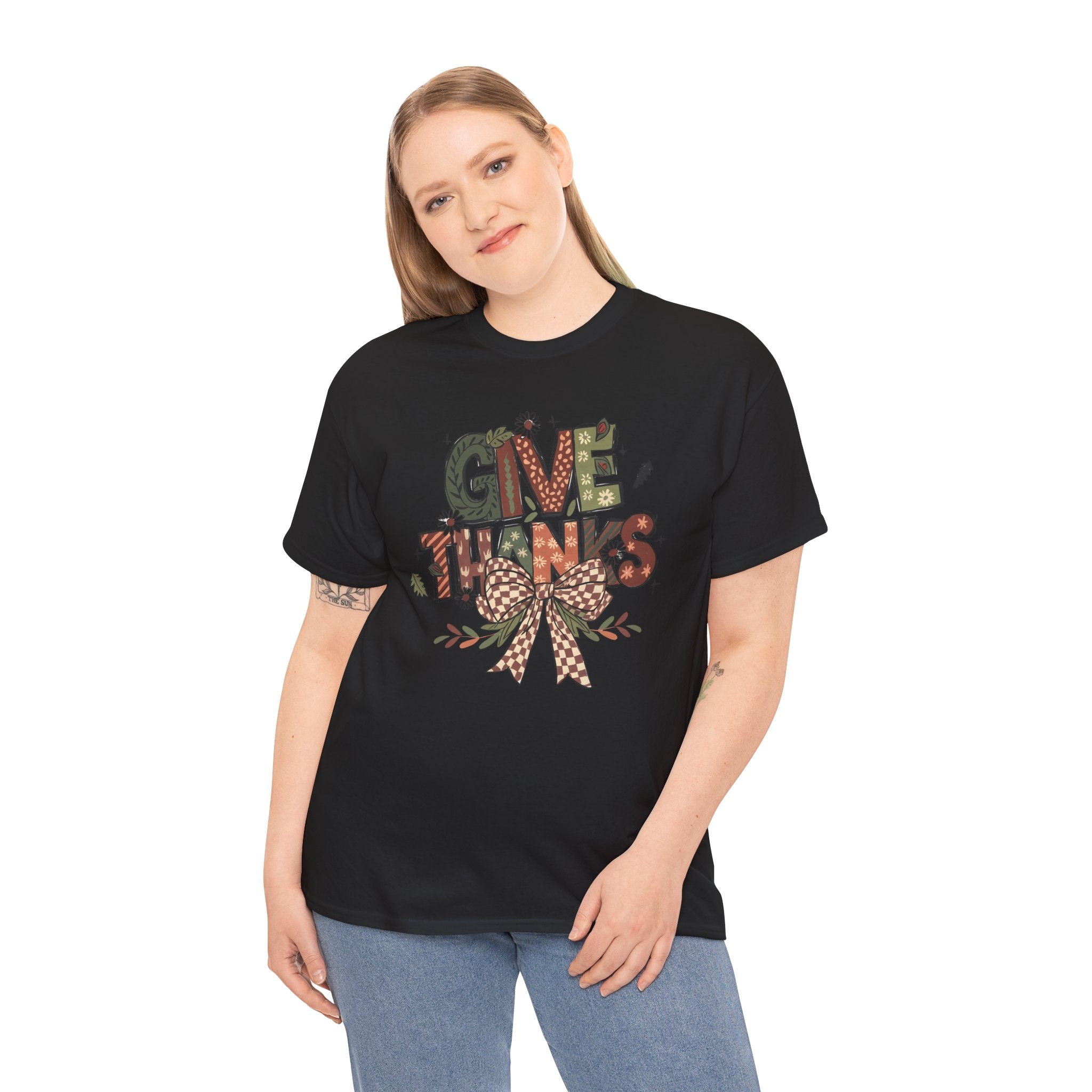 Give Thanks Tee Thanksgiving Graphic T-Shirt with Rustic Bow Design