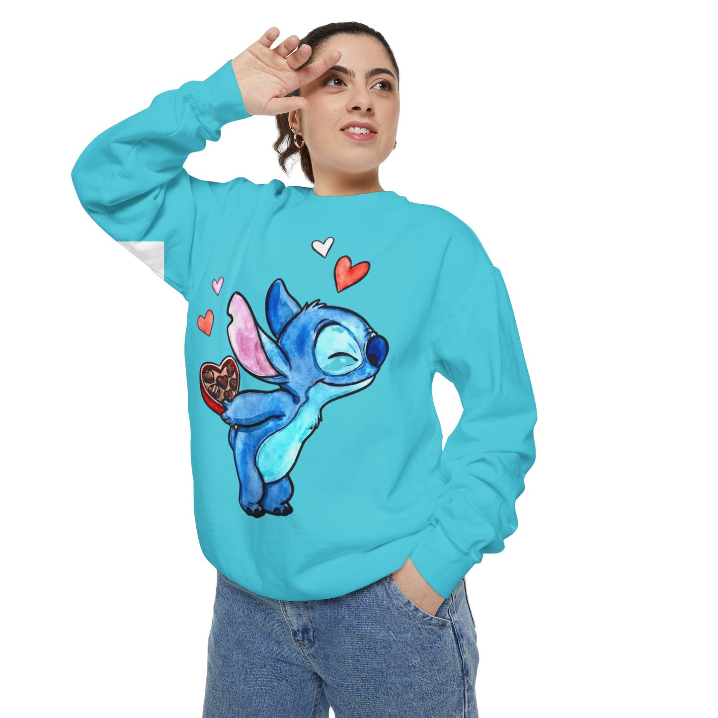 Stitch Valentine Sweatshirt — Cute Blue Alien with Hearts & Chocolate Pocket