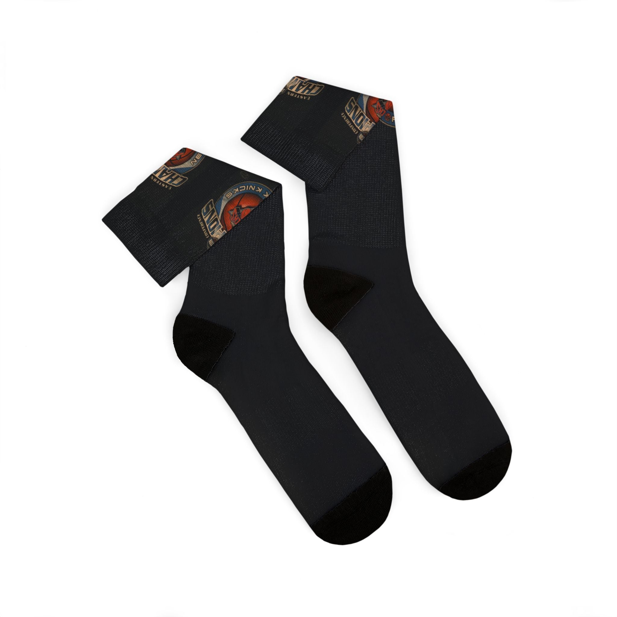 NY*K Basketball Black Sublimation Crew Socks with Vintage Motorcycle Badge Design