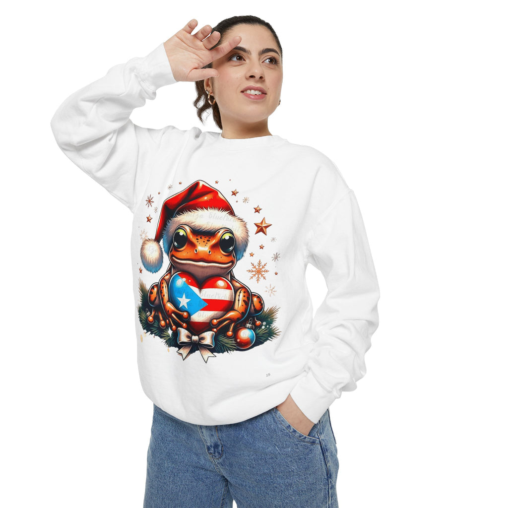 Christmas Coqui Sweatshirt — Cute Santa Frog Holding Ornament Holiday Sweater