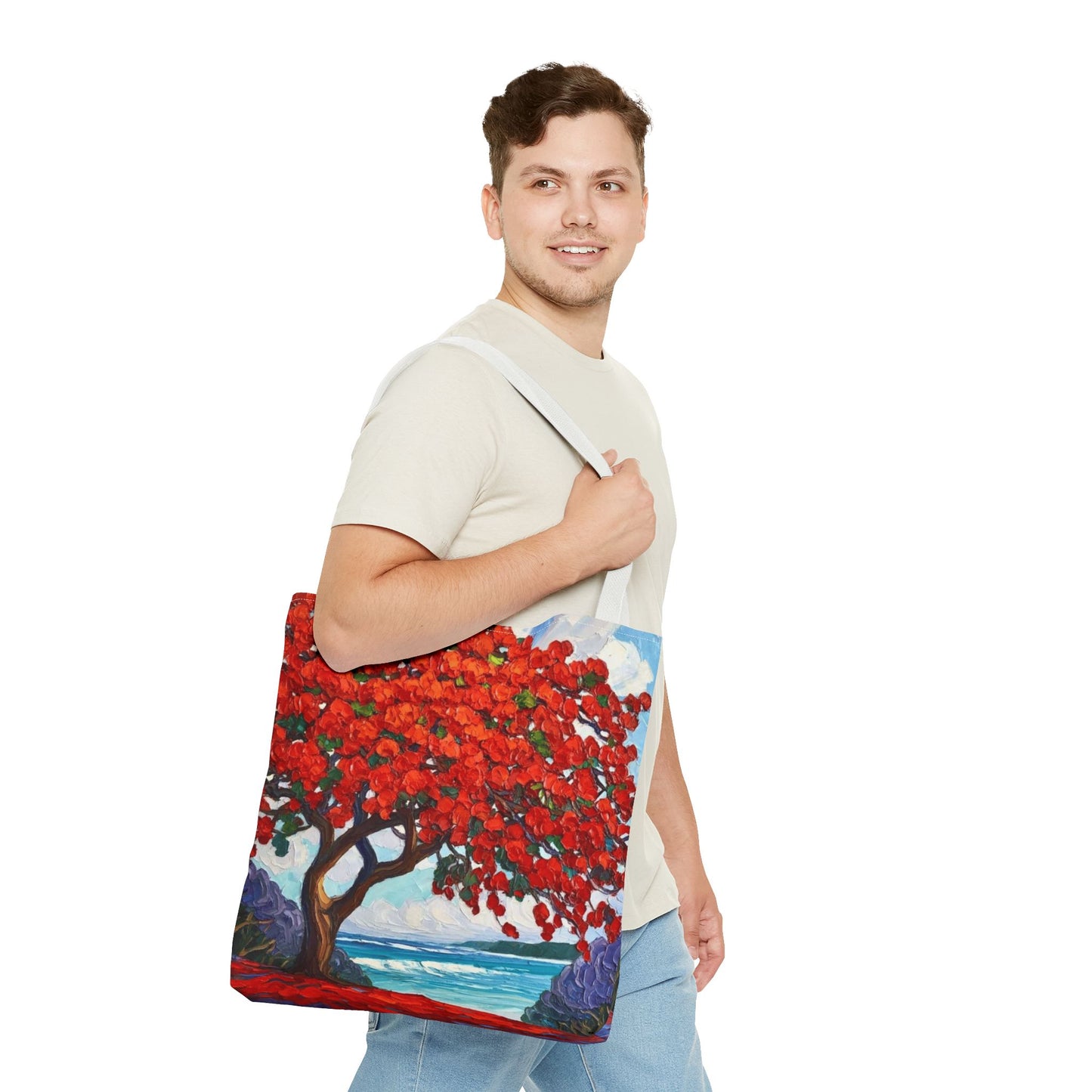 Red Blossom Beach Tote - Tropical Tree Art All-Over Print Tote Bag Crochet-Decorated Tote Bags