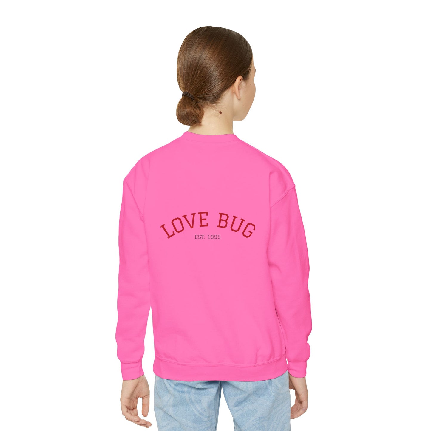 Youth Sweatshirt  Cute Girl with Heart Shower "Love Bug" Crewneck