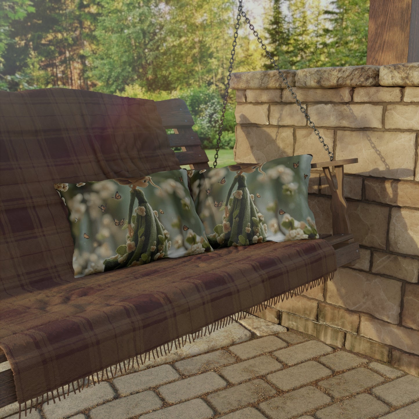 Spring Fairy Outdoor Pillow — Whimsical Girl with Butterflies Garden Decor