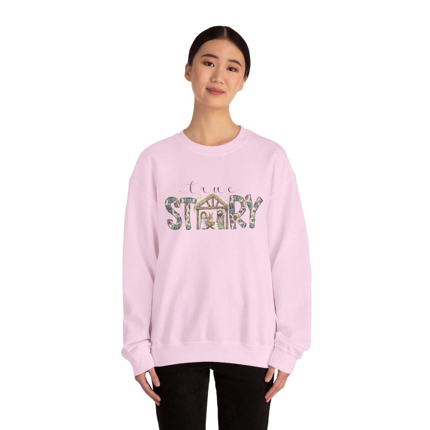 Crewneck Sweatshirt "Come Story" Floral Nativity Design  Cozy Christmas Pullover unique festive designs and joyful