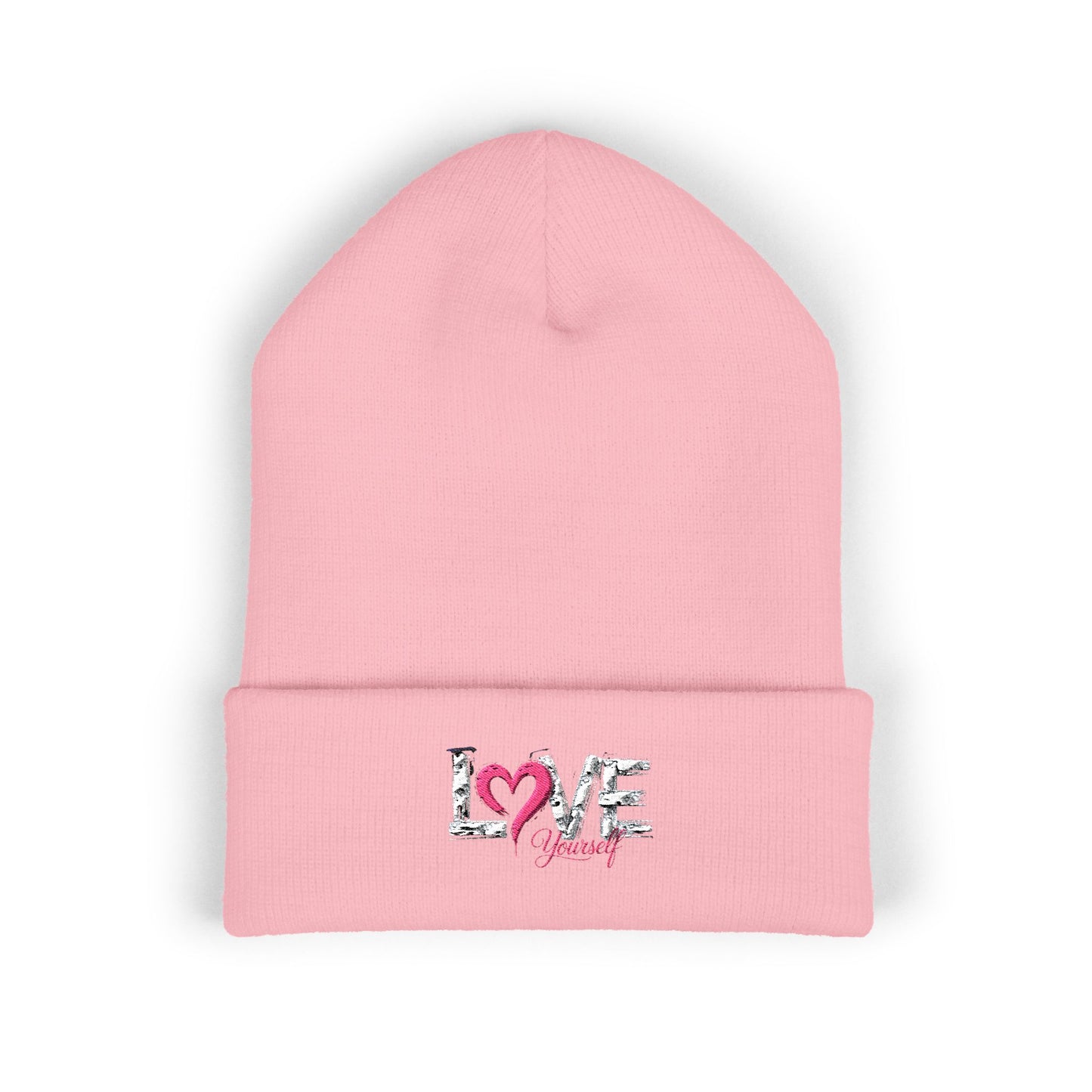 Embroidered 'Love' Heart Cuffed Beanie — Cozy Pink Accent Winter Hat